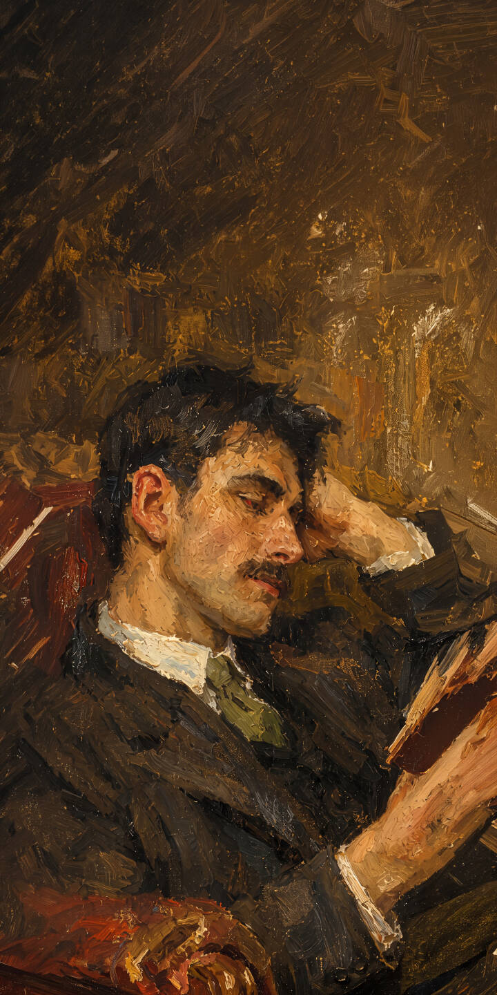 Meticulous oil paint brushstrokes capture a man in quiet contemplation, resting his head on his hand as he reads a book, making a serene 4K wallpaper. This beautiful painting wallpaper, with its warm and vintage aesthetic, is a perfect backdrop for your iPhone. | aesthetic art man painting iphone vintage wallpaper reading oil painting mobile 4k wallpaper hd wallpaper Meticulous oil paint brushstrokes capture a man in quiet contemplation, resting his head on his hand as he reads a book, making a serene 4K wallpaper. This beautiful painting wallpaper, with its warm and vintage aesthetic, is a perfect backdrop for your iPhone.