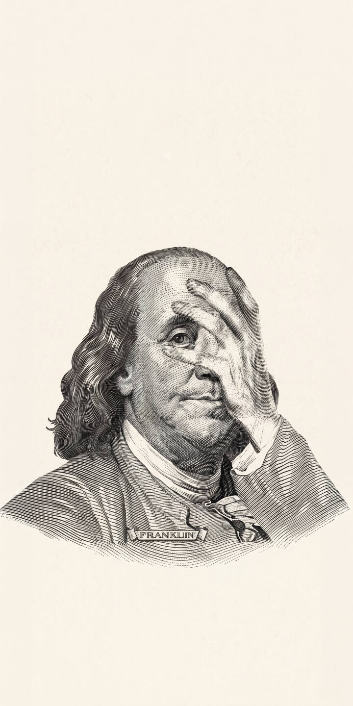 Benjamin Franklin's iconic portrait gets a humorous twist as his hand covers his face in a classic facepalm gesture, with one eye peeking through in this detailed 4K wallpaper. This expressive, artful engraving is a striking wallpaper for iPhone users. | meme funny iphone franklin wallpaper mobile 4k wallpaper hd wallpaper historical benjamin franklin engraving facepalm Benjamin Franklin's iconic portrait gets a humorous twist as his hand covers his face in a classic facepalm gesture, with one eye peeking through in this detailed 4K wallpaper. This expressive, artful engraving is a striking wallpaper for iPhone users.