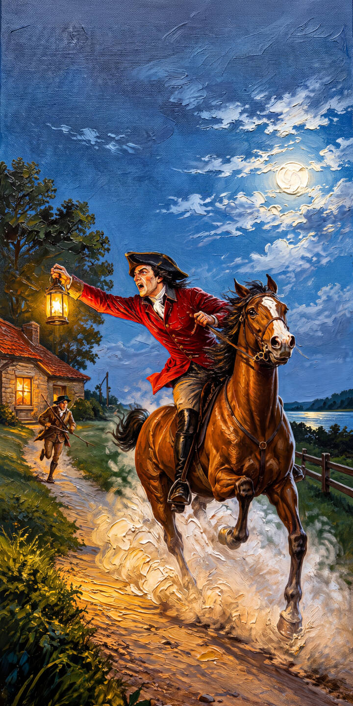 A fiery red coat illuminates as a colonial rider shouts into the night, lantern held high while galloping furiously under a radiant full moon. This historical 4K wallpaper for iPhone captures the dramatic midnight ride with remarkable textured detail. | moonlight rider horse iphone wallpaper mobile 4k wallpaper hd wallpaper historical art paul revere colonial revolutionary war A fiery red coat illuminates as a colonial rider shouts into the night, lantern held high while galloping furiously under a radiant full moon. This historical 4K wallpaper for iPhone captures the dramatic midnight ride with remarkable textured detail.