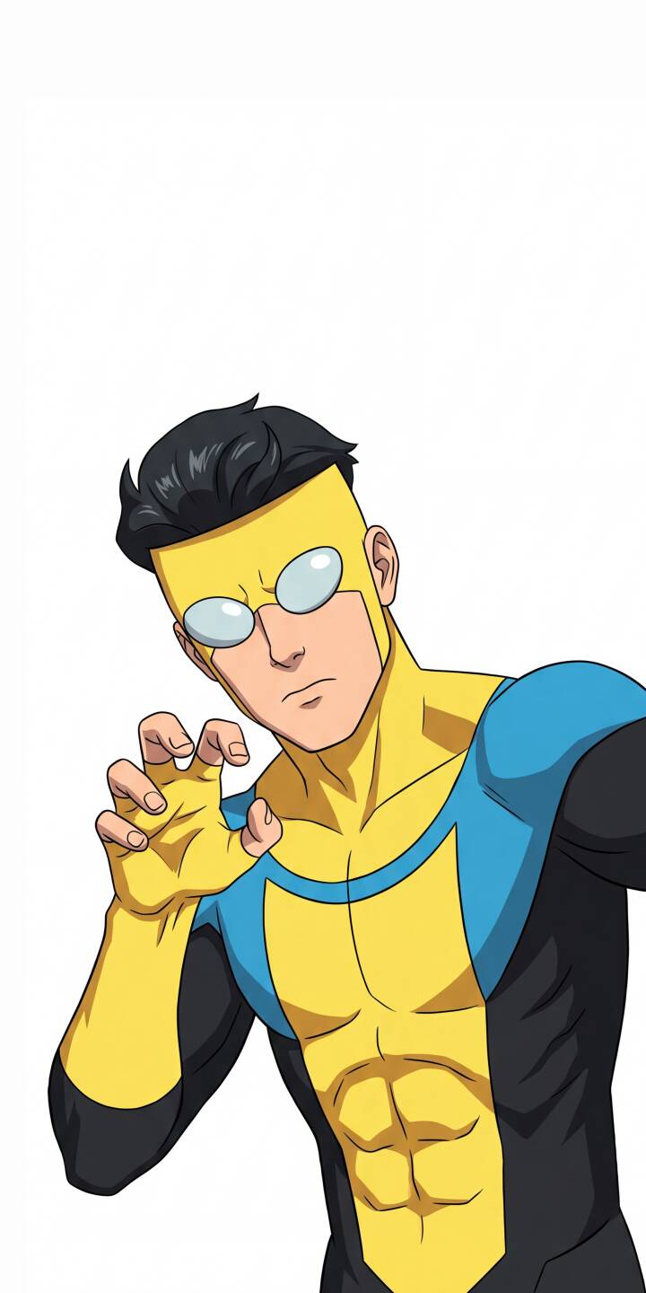 Invincible strikes a determined pose, his yellow and blue suit sharply defined, ready for action in this crisp 4K wallpaper — an essential wallpaper for any iPhone user and fan of the series. | pose superhero animated iphone wallpaper comic invincible mobile 4k wallpaper hd wallpaper yellow suit mark grayson Invincible strikes a determined pose, his yellow and blue suit sharply defined, ready for action in this crisp 4K wallpaper — an essential wallpaper for any iPhone user and fan of the series.