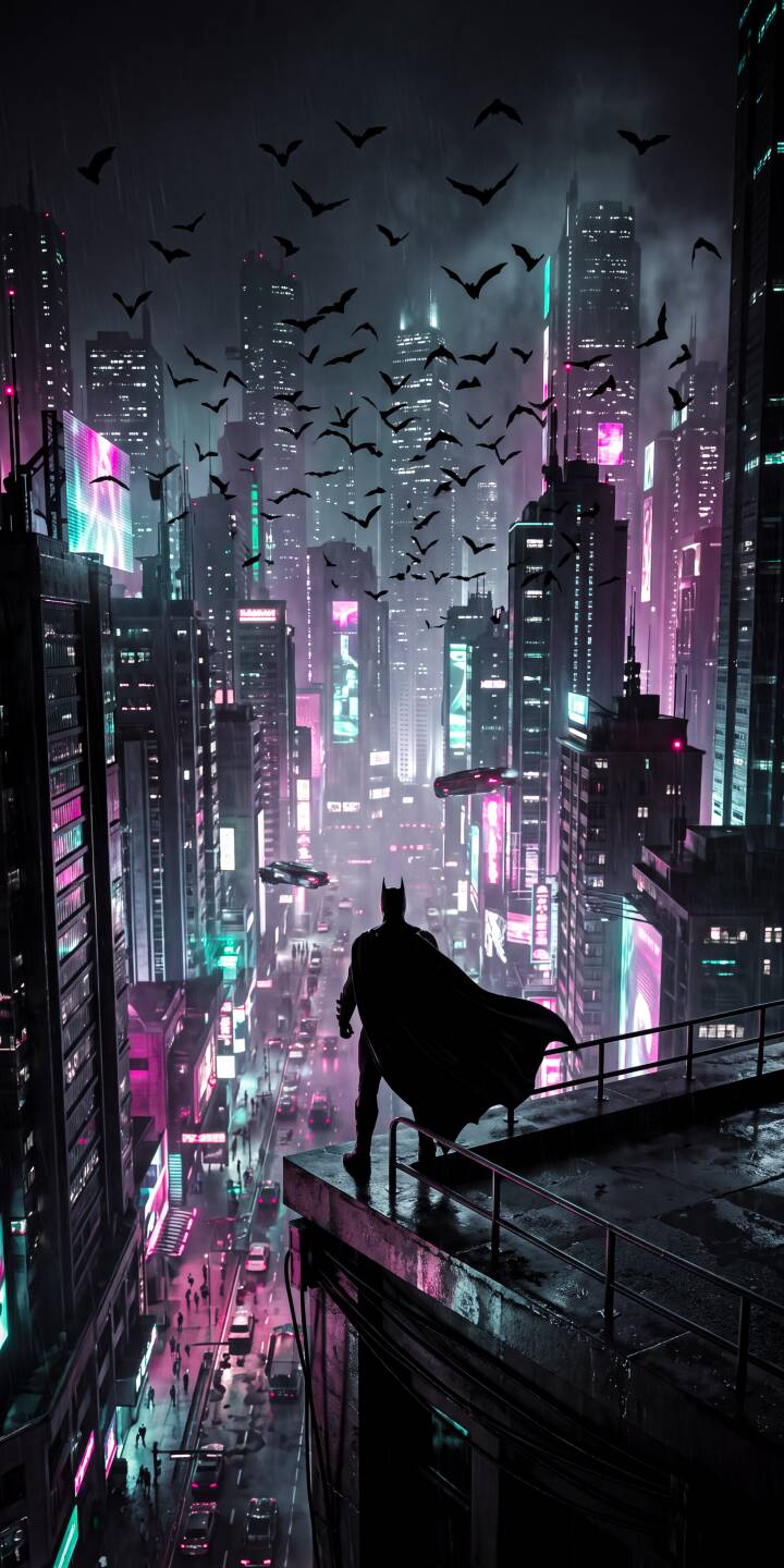 The Dark Knight stands vigil atop a towering skyscraper, his iconic cape billowing against the vibrant pink and teal neon glow of the rain-slicked cyberpunk city in this striking 4K wallpaper. A swarm of bats soars above, making this an essential wallpaper for any iPhone user and fan of Batman. | aesthetic superhero neon batman gotham iphone cyberpunk wallpaper dark knight mobile 4k wallpaper hd wallpaper The Dark Knight stands vigil atop a towering skyscraper, his iconic cape billowing against the vibrant pink and teal neon glow of the rain-slicked cyberpunk city in this striking 4K wallpaper. A swarm of bats soars above, making this an essential wallpaper for any iPhone user and fan of Batman.