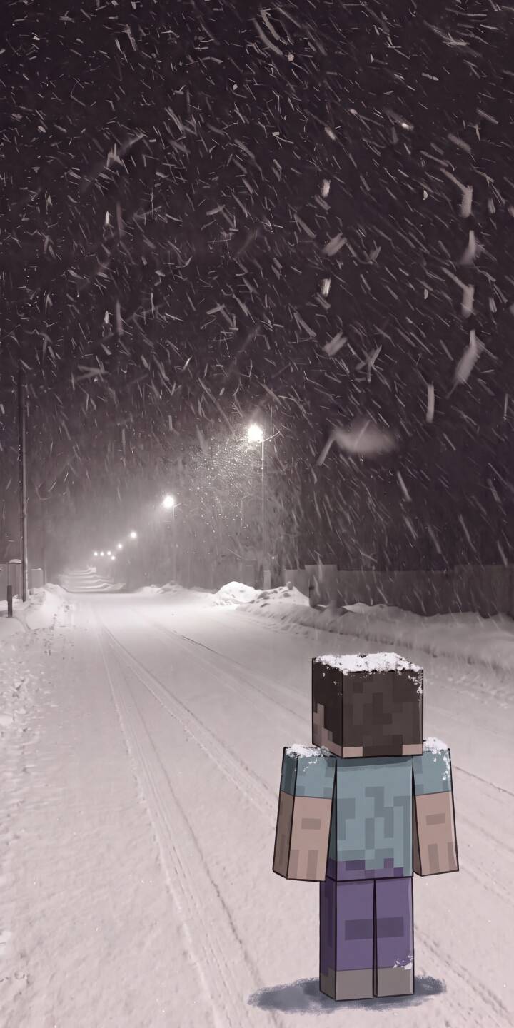 Heavy snow falls around a lone Minecraft Steve character standing on a quiet, snow-covered street illuminated by distant streetlights in this stunning 4K wallpaper — an atmospheric wallpaper perfect for iPhone. | aesthetic night snow winter minecraft iphone gaming wallpaper steve mobile 4k wallpaper hd wallpaper Heavy snow falls around a lone Minecraft Steve character standing on a quiet, snow-covered street illuminated by distant streetlights in this stunning 4K wallpaper — an atmospheric wallpaper perfect for iPhone.
