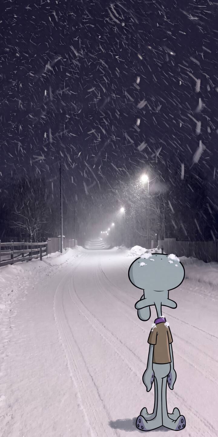 Heavy snow falls as Squidward stands dejectedly on a quiet, snow-covered road, the distant streetlights creating an atmospheric glow in this stunning 4K wallpaper. This contemplative scene is a unique wallpaper for iPhone users seeking a moody background. | cartoon aesthetic spongebob snow winter squidward iphone wallpaper mobile moody 4k wallpaper hd wallpaper Heavy snow falls as Squidward stands dejectedly on a quiet, snow-covered road, the distant streetlights creating an atmospheric glow in this stunning 4K wallpaper. This contemplative scene is a unique wallpaper for iPhone users seeking a moody background.