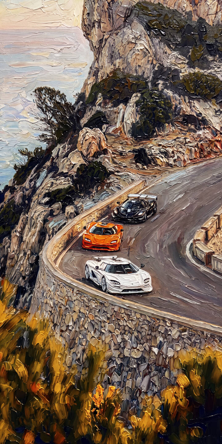 Thick, impasto brushstrokes bring this thrilling 4K coastal race to life, featuring a pristine white Koenigsegg leading the pack on a dramatic winding road — an exquisite supercar wallpaper for your iPhone. | iphone wallpaper racing texture oil painting koenigsegg mobile 4k wallpaper hd wallpaper automotive art supercars coastal road Thick, impasto brushstrokes bring this thrilling 4K coastal race to life, featuring a pristine white Koenigsegg leading the pack on a dramatic winding road — an exquisite supercar wallpaper for your iPhone.