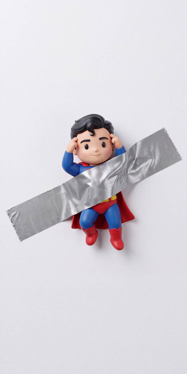 A cute, chibi-style Superman figure is playfully taped to a clean white wall with a strip of metallic grey duct tape, creating a whimsical and unique 4K wallpaper for your iPhone. This minimalist yet charming Superman wallpaper captures the hero in a surprisingly vulnerable, adorable pose. | superhero cute superman iphone minimalist wallpaper chibi mobile 4k wallpaper hd wallpaper dc comics duct tape A cute, chibi-style Superman figure is playfully taped to a clean white wall with a strip of metallic grey duct tape, creating a whimsical and unique 4K wallpaper for your iPhone. This minimalist yet charming Superman wallpaper captures the hero in a surprisingly vulnerable, adorable pose.