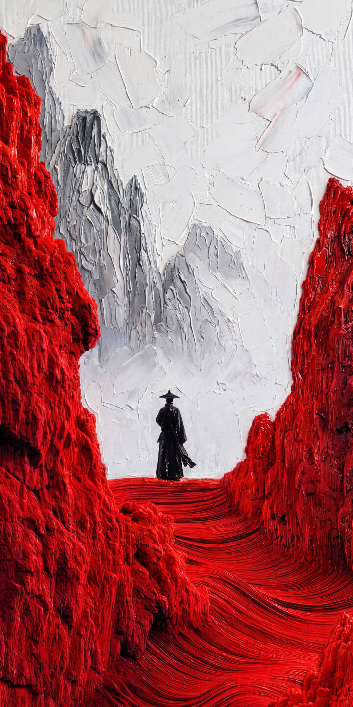 The vivid, sculptural red of the towering canyon walls frames a lone figure in black, traversing a textured path towards distant white mountains in this striking 4K wallpaper. This unique, painterly wallpaper makes an artistic statement for your iPhone. | samurai iphone wallpaper mobile red art 4k wallpaper hd wallpaper wanderer abstract art asian landscape textured painting fantasy scenery The vivid, sculptural red of the towering canyon walls frames a lone figure in black, traversing a textured path towards distant white mountains in this striking 4K wallpaper. This unique, painterly wallpaper makes an artistic statement for your iPhone.