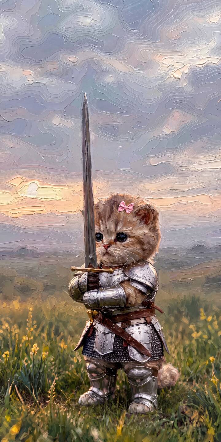 A tiny, determined kitten, adorned with a sweet pink bow and fully clad in intricate silver knight armor, grasps a formidable sword while standing in a vibrant, painterly field. This enchanting 4K wallpaper, featuring beautiful brushstroke textures and a soft sunset background, is the perfect adorable yet epic wallpaper for your iPhone. | sword armor painting cute iphone fantasy wallpaper kitten mobile 4k wallpaper hd wallpaper cat knight A tiny, determined kitten, adorned with a sweet pink bow and fully clad in intricate silver knight armor, grasps a formidable sword while standing in a vibrant, painterly field. This enchanting 4K wallpaper, featuring beautiful brushstroke textures and a soft sunset background, is the perfect adorable yet epic wallpaper for your iPhone.