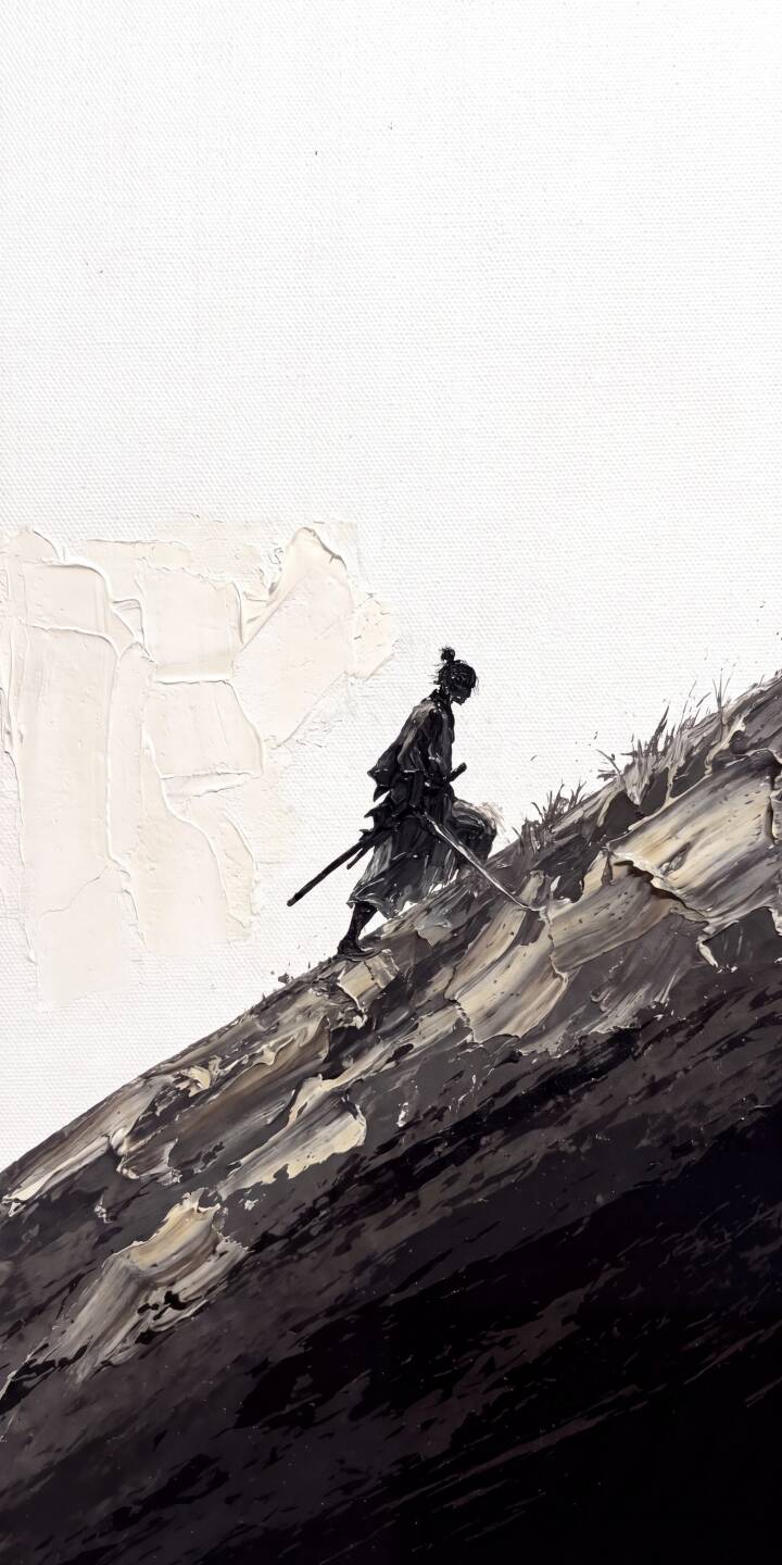 Thick, expressive impasto brushstrokes bring this stoic samurai to life as he climbs a stark, textured hill, a powerful 4K wallpaper for iPhone featuring deep shadow and minimalistic white space; this evocative wallpaper captures a moment of quiet determination, perfect for a striking mobile screen. | aesthetic samurai dark iphone minimalist katana wallpaper mobile 4k wallpaper hd wallpaper japanese warrior impasto art Thick, expressive impasto brushstrokes bring this stoic samurai to life as he climbs a stark, textured hill, a powerful 4K wallpaper for iPhone featuring deep shadow and minimalistic white space; this evocative wallpaper captures a moment of quiet determination, perfect for a striking mobile screen.
