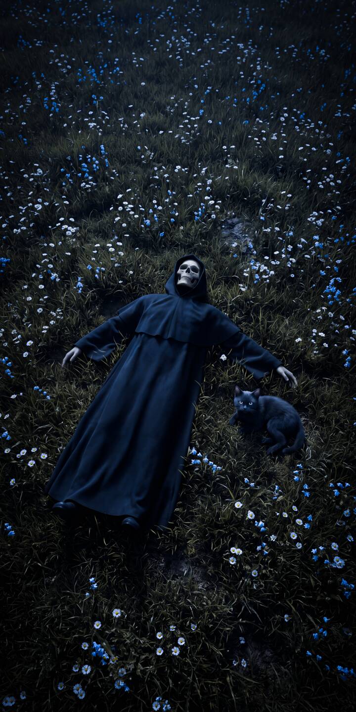 A serene Grim Reaper figure rests peacefully among a meadow of glowing blue and white flowers, accompanied by a watchful black cat in this stunning 4K wallpaper for iPhone. This atmospheric dark fantasy wallpaper captures a tranquil yet eerie scene, perfect for setting a unique mood. | aesthetic flowers skeleton death iphone wallpaper black cat mobile 4k wallpaper hd wallpaper grim reaper dark fantasy A serene Grim Reaper figure rests peacefully among a meadow of glowing blue and white flowers, accompanied by a watchful black cat in this stunning 4K wallpaper for iPhone. This atmospheric dark fantasy wallpaper captures a tranquil yet eerie scene, perfect for setting a unique mood.
