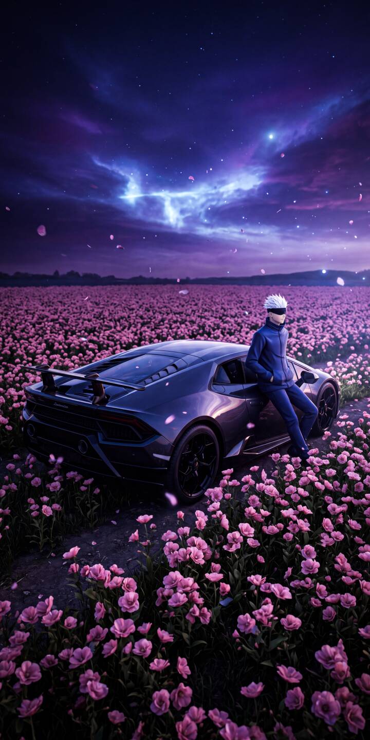 A stylized Gojo Satoru, clad in blue, leans against a sleek black Lamborghini amidst a magical field of glowing pink flowers under a vibrant, star-filled purple night sky. This stunning 4K wallpaper offers an aesthetic blend of luxury and fantasy, perfect as an iPhone wallpaper for fans of the sorcerer. | anime night sky iphone lamborghini wallpaper mobile 4k wallpaper hd wallpaper pink flowers gojo satoru jujutsu kaisen A stylized Gojo Satoru, clad in blue, leans against a sleek black Lamborghini amidst a magical field of glowing pink flowers under a vibrant, star-filled purple night sky. This stunning 4K wallpaper offers an aesthetic blend of luxury and fantasy, perfect as an iPhone wallpaper for fans of the sorcerer.