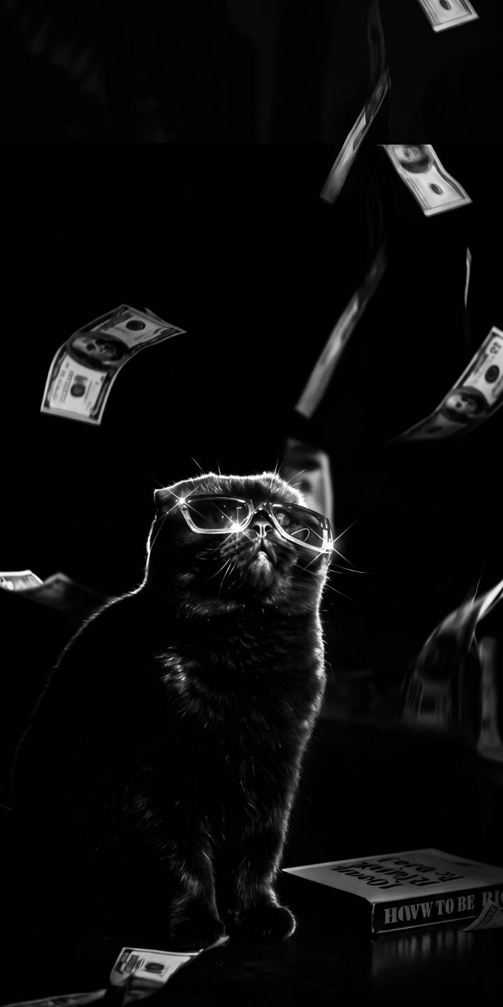 The black cat's stylish glasses sparkle as dollar bills rain down around it, creating a sophisticated monochrome 4K wallpaper. This opulent cat wallpaper is an essential download for iPhone users who appreciate a touch of luxury. | aesthetic animal cat glasses money iphone wallpaper black cat mobile 4k wallpaper hd wallpaper monochrome The black cat's stylish glasses sparkle as dollar bills rain down around it, creating a sophisticated monochrome 4K wallpaper. This opulent cat wallpaper is an essential download for iPhone users who appreciate a touch of luxury.