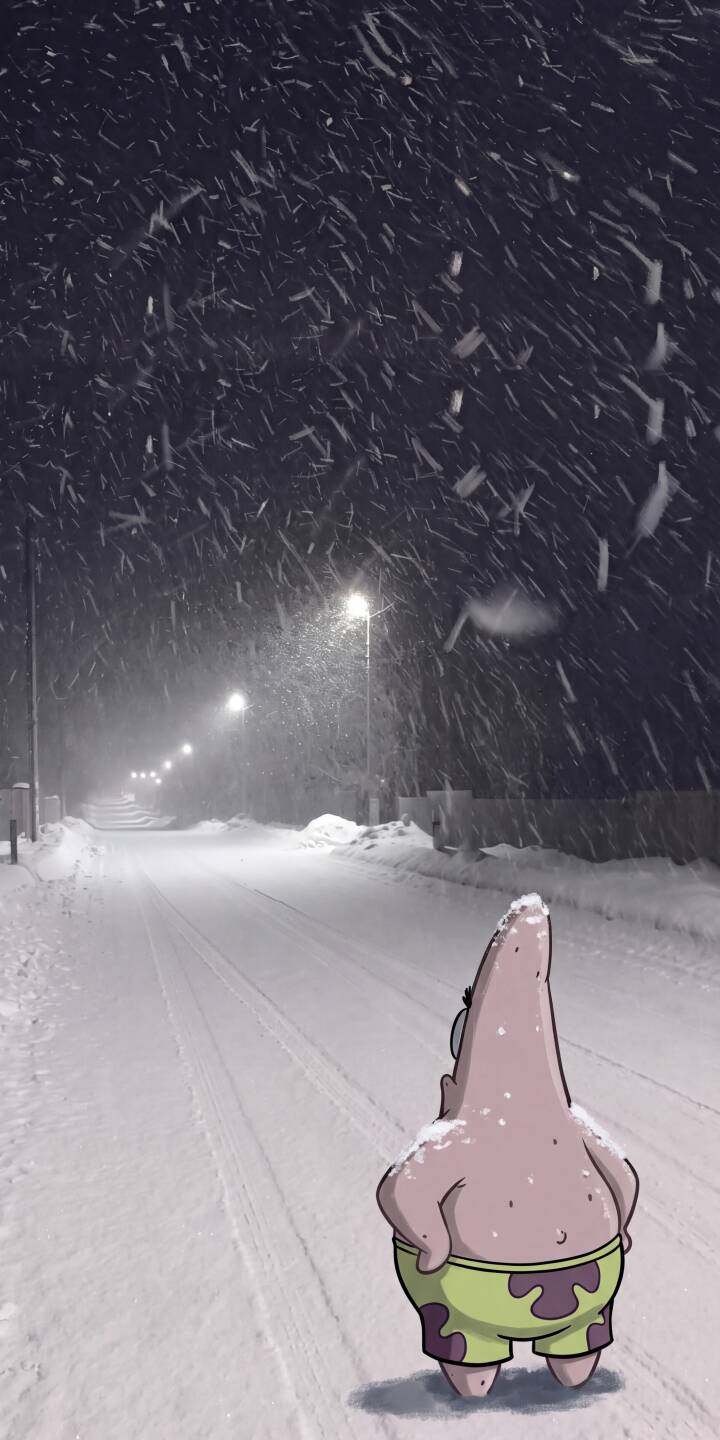 Heavy snow cascades down a winter road, illuminated by streetlights, as Patrick Star stands contemplatively, lightly dusted with flakes in this enchanting 4K wallpaper for iPhone. | cartoon aesthetic spongebob night snow winter iphone wallpaper patrick star mobile 4k wallpaper hd wallpaper Heavy snow cascades down a winter road, illuminated by streetlights, as Patrick Star stands contemplatively, lightly dusted with flakes in this enchanting 4K wallpaper for iPhone.
