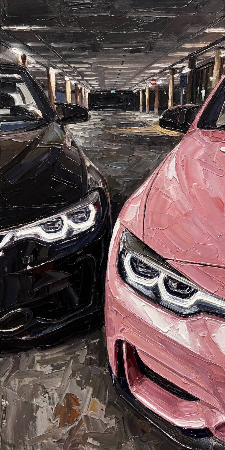 Thick, visible brushstrokes create a unique impasto texture on these luxury cars, with their bright headlights glowing in a dark underground garage. This striking 4K wallpaper for iPhone is a unique car enthusiast wallpaper. | parking garage painting iphone bmw wallpaper cars mobile headlights 4k wallpaper hd wallpaper textured impasto Thick, visible brushstrokes create a unique impasto texture on these luxury cars, with their bright headlights glowing in a dark underground garage. This striking 4K wallpaper for iPhone is a unique car enthusiast wallpaper.