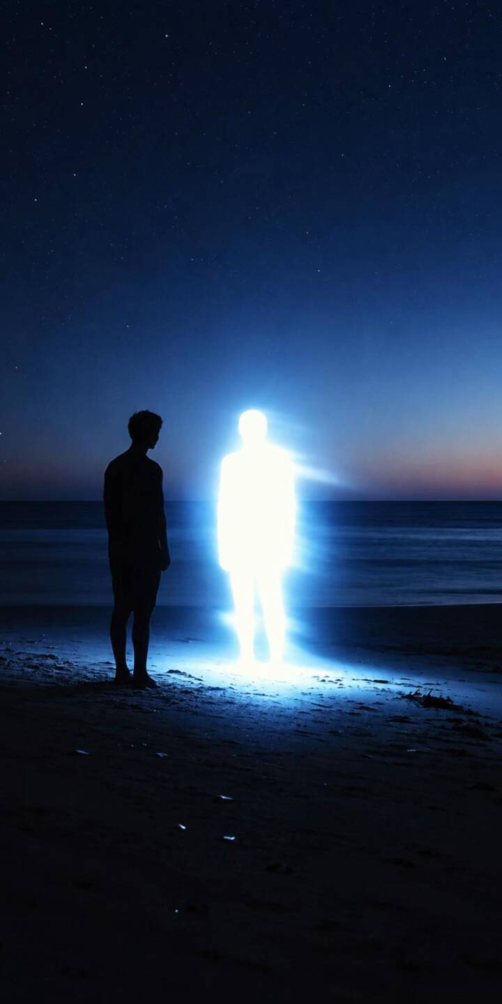 A brilliant blue-white humanoid figure glows intensely on a dark sandy beach, casting light onto a lone silhouette in this captivating 4K wallpaper, perfect as an iPhone wallpaper. | blue alone A brilliant blue-white humanoid figure glows intensely on a dark sandy beach, casting light onto a lone silhouette in this captivating 4K wallpaper, perfect as an iPhone wallpaper.