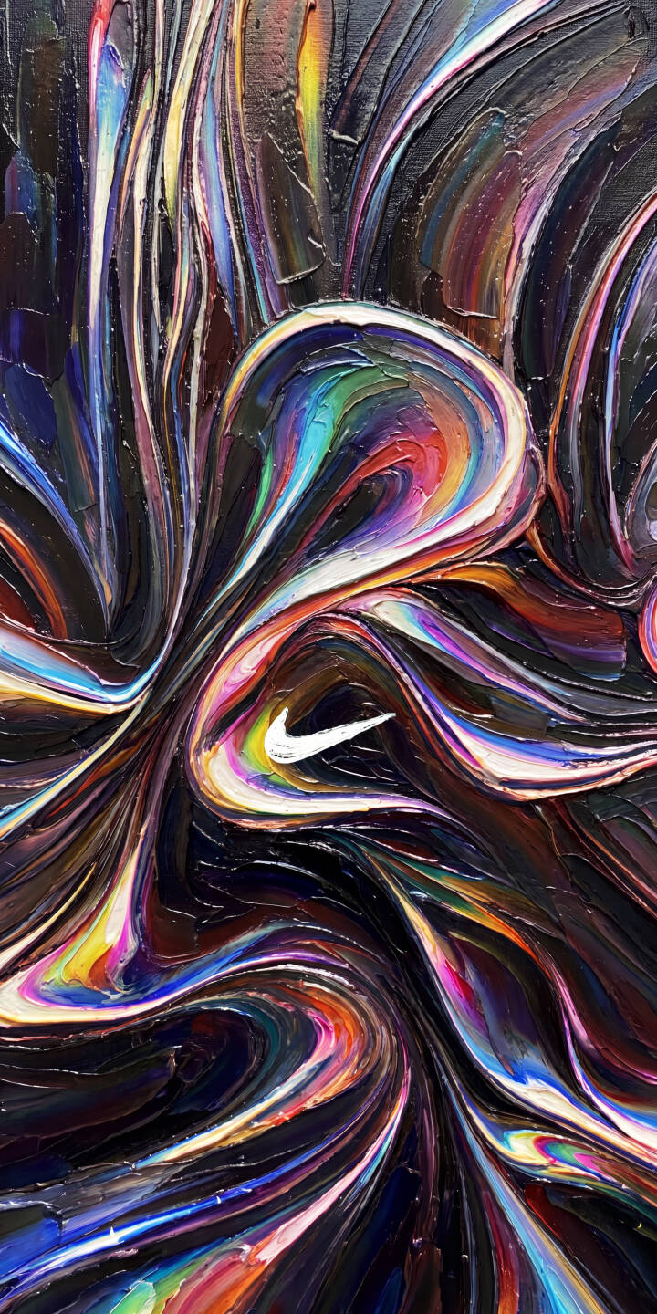 Thick, textured palette knife strokes swirl with vibrant, rainbow-like colors, dramatically contrasting with a dark background around the iconic Nike Swoosh in this captivating 4K art wallpaper. This mesmerizing abstract design is a must-have wallpaper for iPhone, perfect for personalizing your mobile device with style. | nike iphone abstract colors wallpaper vibrant artistic mobile 4k wallpaper hd wallpaper swoosh impasto Thick, textured palette knife strokes swirl with vibrant, rainbow-like colors, dramatically contrasting with a dark background around the iconic Nike Swoosh in this captivating 4K art wallpaper. This mesmerizing abstract design is a must-have wallpaper for iPhone, perfect for personalizing your mobile device with style.