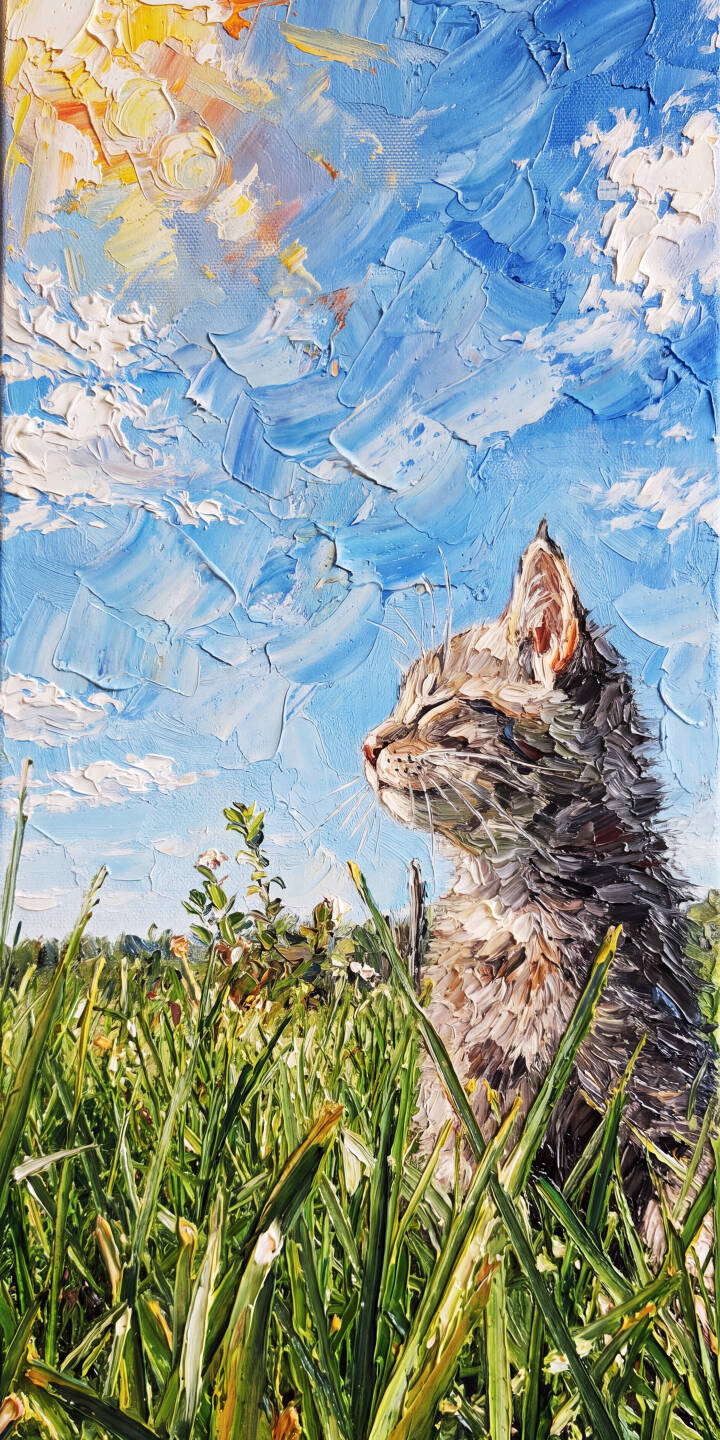 Thick, expressive brushstrokes bring to life a serene cat with closed eyes, basking under a radiant sun in this impasto art 4K wallpaper. This charming scene makes for a delightful iPhone wallpaper, featuring vibrant blue skies and lush green grass. | cat iphone nature wallpaper oil painting mobile sunny 4k wallpaper hd wallpaper feline impasto Thick, expressive brushstrokes bring to life a serene cat with closed eyes, basking under a radiant sun in this impasto art 4K wallpaper. This charming scene makes for a delightful iPhone wallpaper, featuring vibrant blue skies and lush green grass.