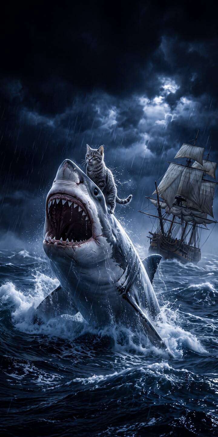 A fearless tabby cat rides atop a great white shark breaching through stormy, rain-swept waves, its jaws agape in this dramatic 4K wallpaper. This epic scene makes a compelling wallpaper for iPhone users seeking an adventurous background. | animal cat iphone fantasy shark wallpaper mobile 4k wallpaper hd wallpaper epic great white shark stormy ocean A fearless tabby cat rides atop a great white shark breaching through stormy, rain-swept waves, its jaws agape in this dramatic 4K wallpaper. This epic scene makes a compelling wallpaper for iPhone users seeking an adventurous background.