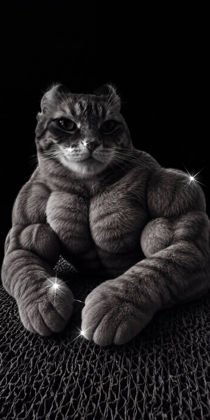 Defined biceps and pectoral muscles bulge from this tabby feline, captured in striking monochrome with sparkling highlights, making it a truly unique 4K wallpaper. This amusing and high-quality wallpaper is perfect for your iPhone screen, featuring a buff cat against a dark background. | funny iphone wallpaper mobile 4k wallpaper hd wallpaper dark background monochrome cat meme buff cat muscular cat bodybuilder cat Defined biceps and pectoral muscles bulge from this tabby feline, captured in striking monochrome with sparkling highlights, making it a truly unique 4K wallpaper. This amusing and high-quality wallpaper is perfect for your iPhone screen, featuring a buff cat against a dark background.