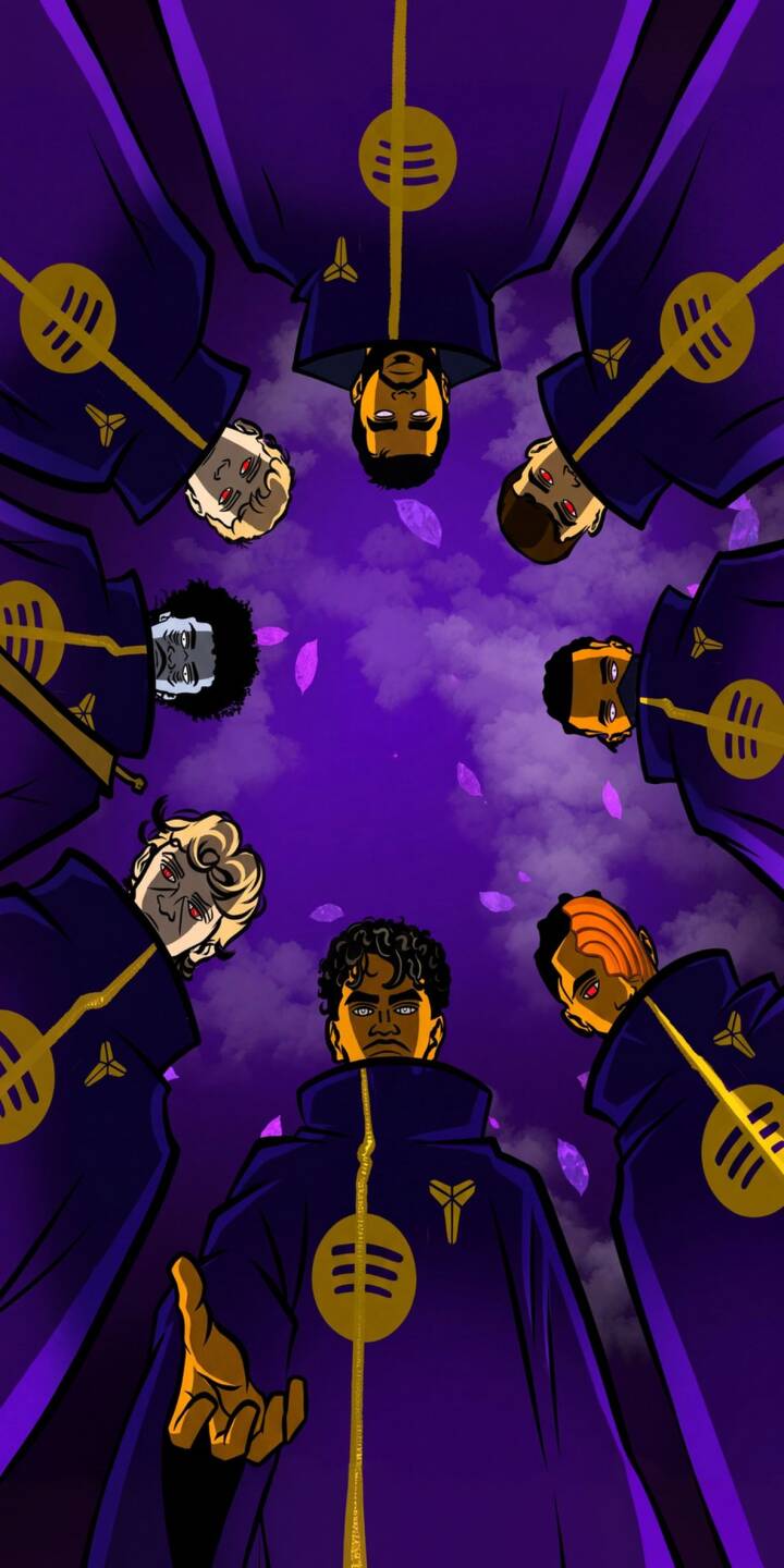 Eight robed figures in a circle gaze upon the viewer, while the central figure extends a hand in this powerful 4K Kobe Mamba wallpaper for iPhone. The deep purple robes, gold accents with the Mamba logo, and an ethereal swirling purple sky create a captivating wallpaper tribute. | lakers illustration kobe bryant iphone mamba wallpaper legend mobile 4k wallpaper hd wallpaper purple and gold tribute Eight robed figures in a circle gaze upon the viewer, while the central figure extends a hand in this powerful 4K Kobe Mamba wallpaper for iPhone. The deep purple robes, gold accents with the Mamba logo, and an ethereal swirling purple sky create a captivating wallpaper tribute.