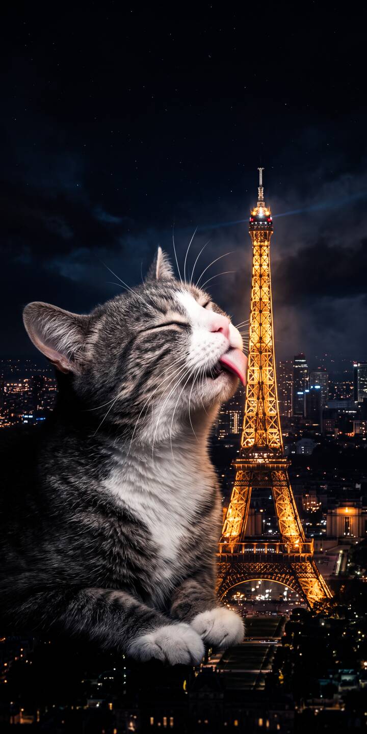 A delightful tabby cat closes its eyes and playfully licks its nose, set against the iconic, illuminated Eiffel Tower and a starry night city in this charming 4K wallpaper. This whimsical scene makes an ideal aesthetic wallpaper for iPhone. | aesthetic night cat cute iphone paris wallpaper mobile 4k wallpaper hd wallpaper tabby cat eiffel tower A delightful tabby cat closes its eyes and playfully licks its nose, set against the iconic, illuminated Eiffel Tower and a starry night city in this charming 4K wallpaper. This whimsical scene makes an ideal aesthetic wallpaper for iPhone.