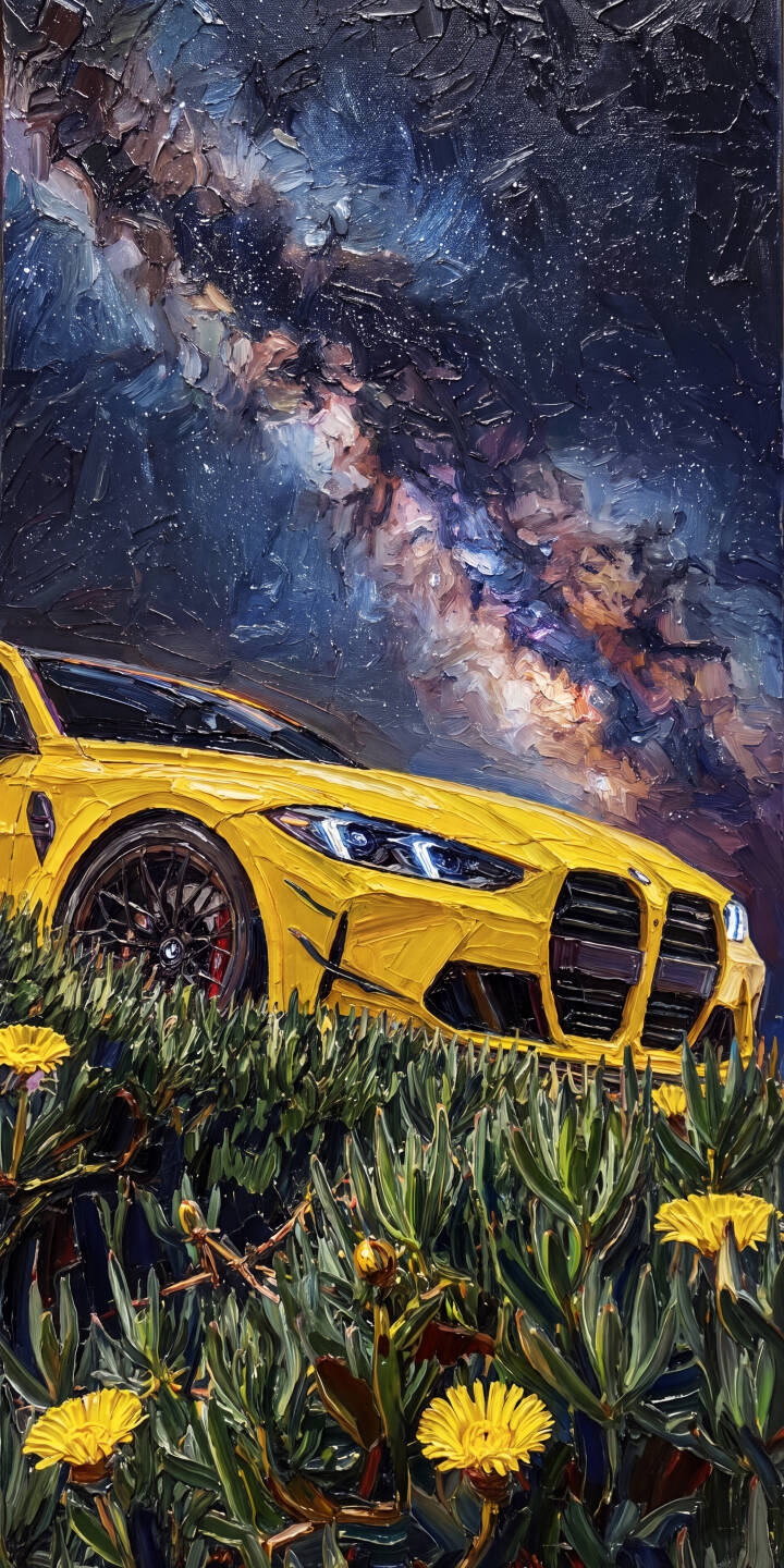 Thick, textured impasto brushstrokes create a vibrant yellow BMW M4 under a swirling, painterly Milky Way in this stunning 4K wallpaper — a truly unique wallpaper for your iPhone. | aesthetic painting iphone bmw wallpaper bmw m4 mobile yellow car 4k wallpaper hd wallpaper starry sky impasto Thick, textured impasto brushstrokes create a vibrant yellow BMW M4 under a swirling, painterly Milky Way in this stunning 4K wallpaper — a truly unique wallpaper for your iPhone.