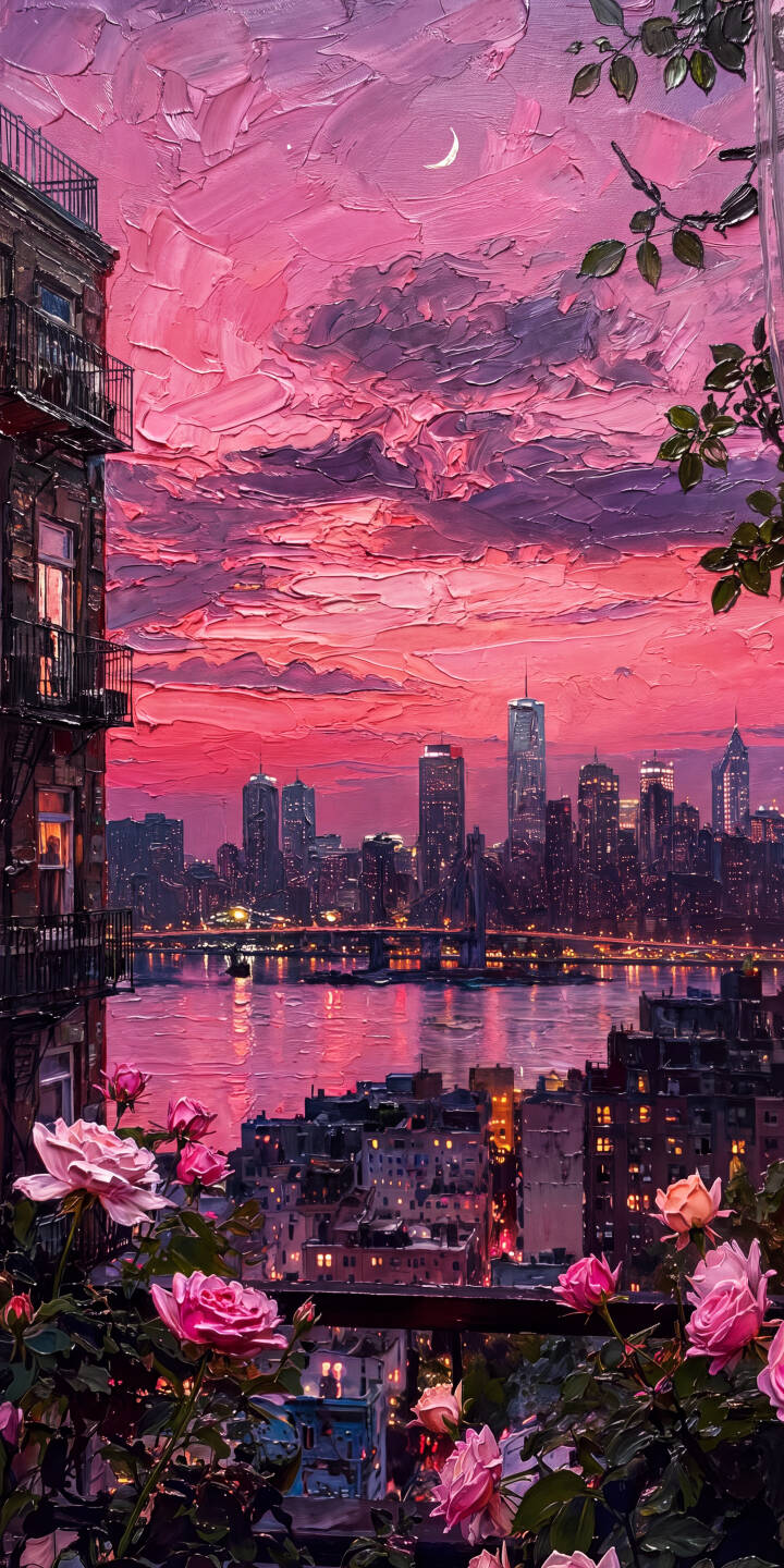Thick, textured brushstrokes define the stunning pink and purple sunset sky, complete with a delicate crescent moon, in this gorgeous 4K cityscape wallpaper; the vivid pink roses and shimmering river lights make it an ideal wallpaper for your iPhone. | pink sunset skyline iphone wallpaper mobile romantic roses 4k wallpaper hd wallpaper cityscape impressionist Thick, textured brushstrokes define the stunning pink and purple sunset sky, complete with a delicate crescent moon, in this gorgeous 4K cityscape wallpaper; the vivid pink roses and shimmering river lights make it an ideal wallpaper for your iPhone.
