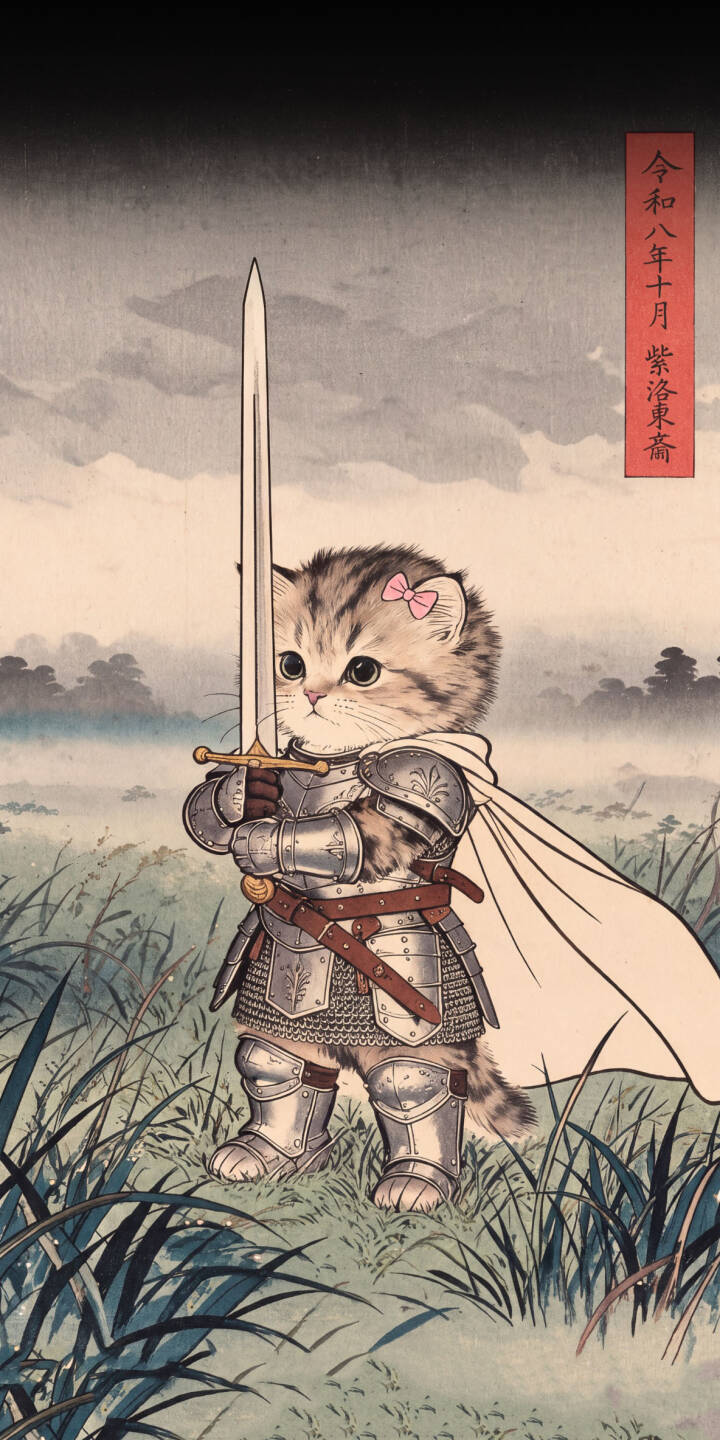 A brave kitten stands ready in gleaming silver armor, holding a formidable sword while adorned with a sweet pink bow in this charming 4K wallpaper; a perfect ukiyo-e style wallpaper for your iPhone. | sword cat cute iphone fantasy wallpaper kitten mobile 4k wallpaper hd wallpaper ukiyo-e cat knight A brave kitten stands ready in gleaming silver armor, holding a formidable sword while adorned with a sweet pink bow in this charming 4K wallpaper; a perfect ukiyo-e style wallpaper for your iPhone.