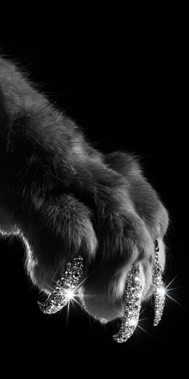 Glimmering diamond-encrusted claws sparkle intensely against the deep black background, highlighted by the soft texture of animal fur in this stunning 4K wallpaper; an elegant choice for any iPhone looking for a unique aesthetic wallpaper. | aesthetic fur iphone luxury wallpaper sparkling mobile 4k wallpaper hd wallpaper monochrome animal paw diamond claws Glimmering diamond-encrusted claws sparkle intensely against the deep black background, highlighted by the soft texture of animal fur in this stunning 4K wallpaper; an elegant choice for any iPhone looking for a unique aesthetic wallpaper.