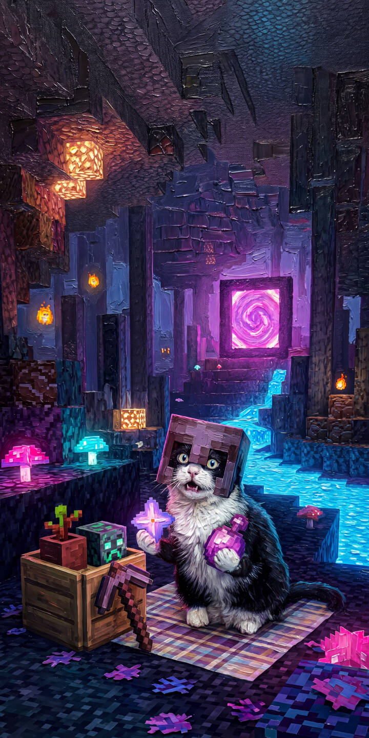 Amidst glowing purple mushrooms and a vibrant End portal, a charming Minecraft cat wearing a blocky helmet holds a mystical purple star in this captivating 4K wallpaper. This delightful wallpaper, perfect for iPhone, showcases the cat's adventure in a uniquely styled cavern. | cat neon minecraft cute iphone fantasy gaming wallpaper mobile portal 4k wallpaper hd wallpaper Amidst glowing purple mushrooms and a vibrant End portal, a charming Minecraft cat wearing a blocky helmet holds a mystical purple star in this captivating 4K wallpaper. This delightful wallpaper, perfect for iPhone, showcases the cat's adventure in a uniquely styled cavern.