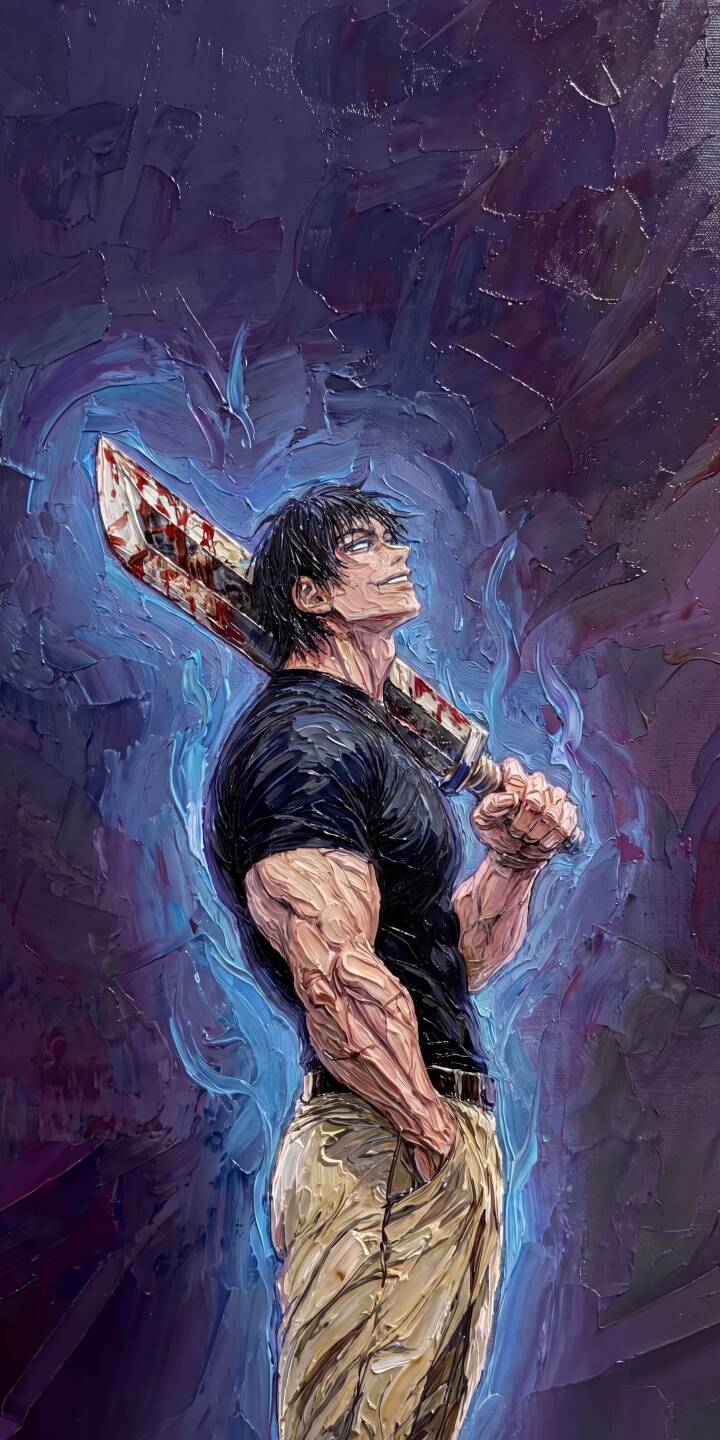 The blood-stained cleaver gleams as Toji Fushiguro strikes a confident pose, enveloped by a vibrant blue aura in this striking 4K wallpaper. An intense wallpaper for iPhone users seeking dynamic character art. | iphone wallpaper mobile 4k wallpaper hd wallpaper dark anime blue aura jujutsu kaisen toji fushiguro bloody sword impasto art The blood-stained cleaver gleams as Toji Fushiguro strikes a confident pose, enveloped by a vibrant blue aura in this striking 4K wallpaper. An intense wallpaper for iPhone users seeking dynamic character art.