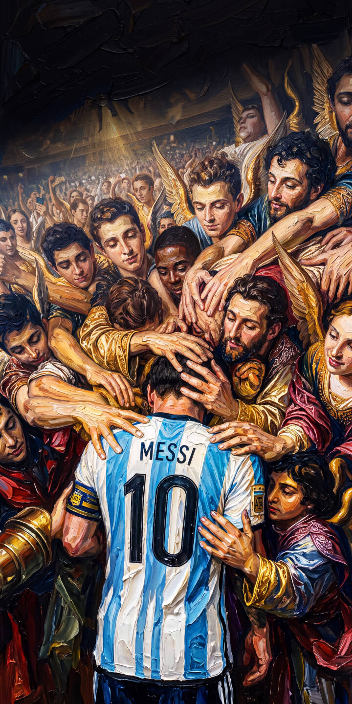 Golden light bathes Lionel Messi in this visually stunning 4K wallpaper, depicting him revered by a crowd of angelic figures, making it an epic wallpaper for iPhone. | football iphone messi argentina soccer wallpaper lionel messi mobile angelic 4k wallpaper hd wallpaper painterly Golden light bathes Lionel Messi in this visually stunning 4K wallpaper, depicting him revered by a crowd of angelic figures, making it an epic wallpaper for iPhone.