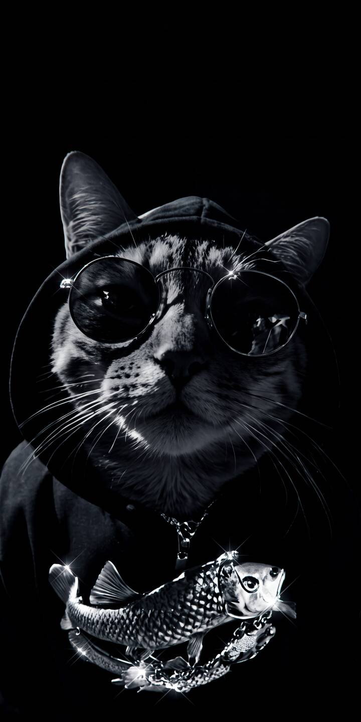 The stylish cat dons round sunglasses and a dark hoodie, exuding a cool vibe in this monochrome 4K wallpaper. Adorned with a striking shiny fish pendant, this unique feline wallpaper is perfect for your iPhone. | aesthetic hoodie sunglasses cat iphone wallpaper mobile 4k wallpaper hd wallpaper monochrome feline The stylish cat dons round sunglasses and a dark hoodie, exuding a cool vibe in this monochrome 4K wallpaper. Adorned with a striking shiny fish pendant, this unique feline wallpaper is perfect for your iPhone.