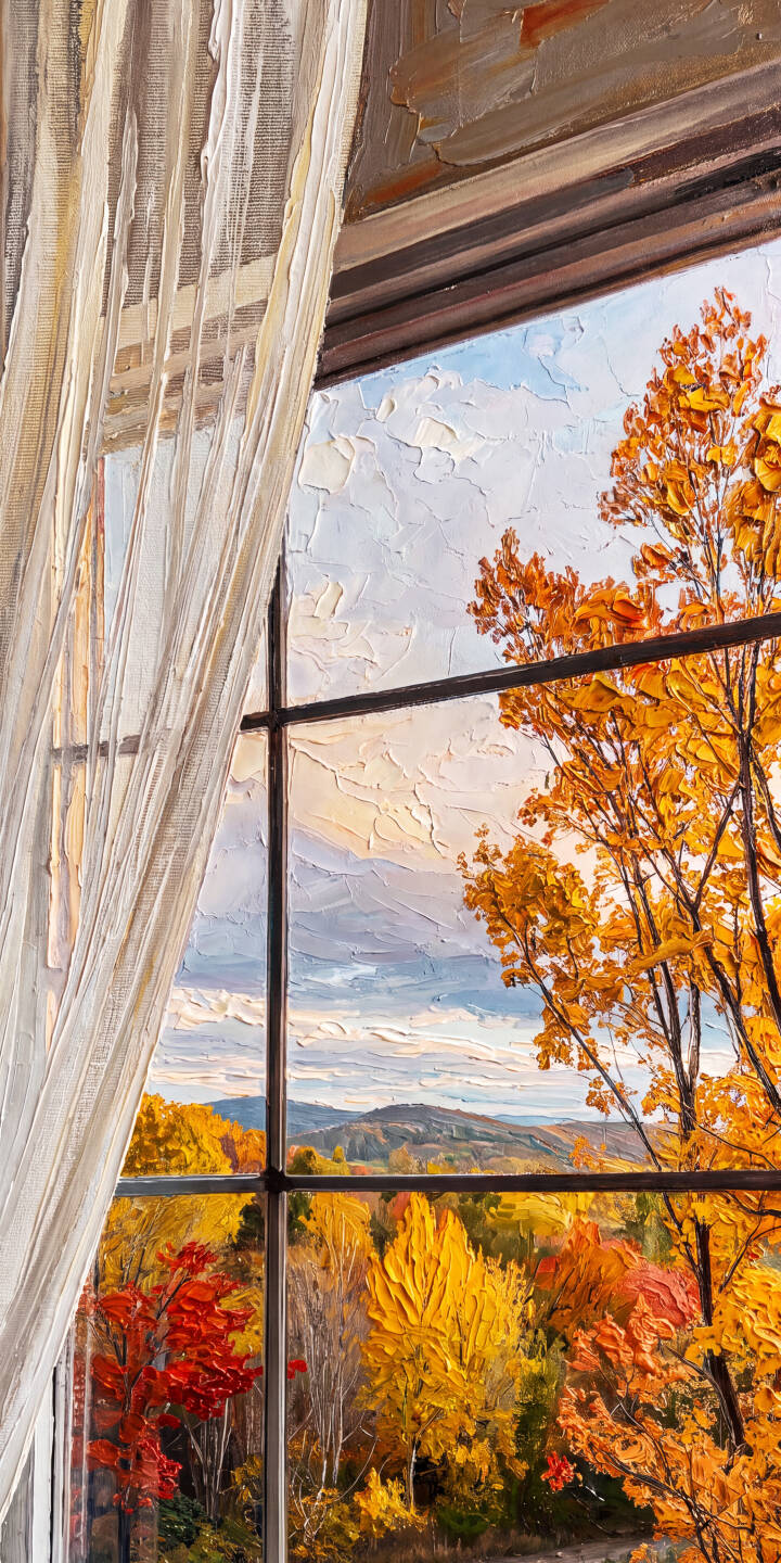 Vibrant impasto brushstrokes bring a breathtaking autumn vista to life, framed by a dark window and delicate sheer curtain, creating a cozy and artful 4K wallpaper for your iPhone. This painterly wallpaper captures the rich orange, yellow, and red foliage across distant rolling hills, perfect for a serene digital display. | landscape fall iphone autumn cozy wallpaper vibrant oil painting mobile 4k wallpaper hd wallpaper window view Vibrant impasto brushstrokes bring a breathtaking autumn vista to life, framed by a dark window and delicate sheer curtain, creating a cozy and artful 4K wallpaper for your iPhone. This painterly wallpaper captures the rich orange, yellow, and red foliage across distant rolling hills, perfect for a serene digital display.