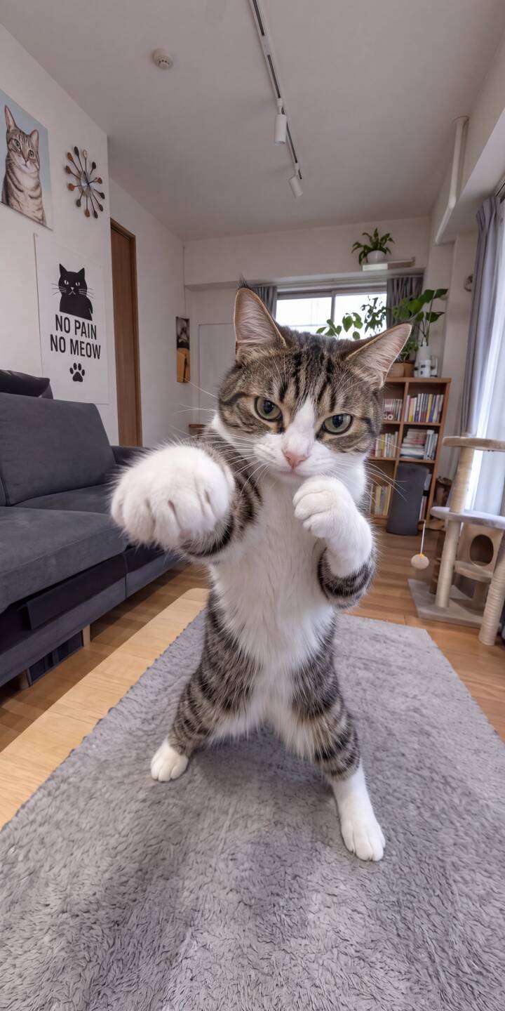 This determined cat delivers a mock punch, standing ready on its hind legs in a charming living room setting. A delightful 4K wallpaper for iPhone, this adorable feline's fighting pose makes for a unique wallpaper. | cat cute iphone wallpaper pets mobile 4k wallpaper hd wallpaper animal wallpaper funny cat tabby cat fighting cat This determined cat delivers a mock punch, standing ready on its hind legs in a charming living room setting. A delightful 4K wallpaper for iPhone, this adorable feline's fighting pose makes for a unique wallpaper.