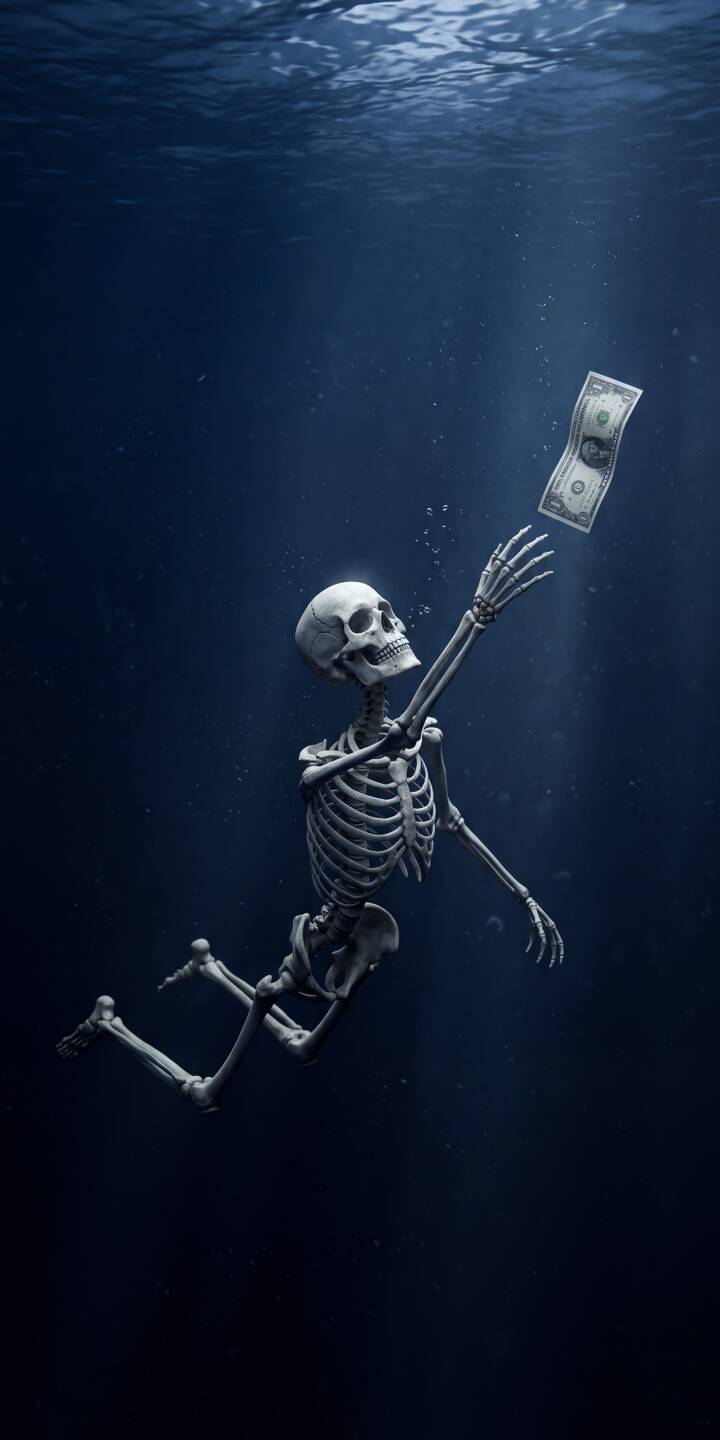 A lone skeleton desperately reaches for a single dollar bill as it slowly sinks in the dark, mysterious ocean depths, creating a poignant 4K wallpaper perfect for your iPhone. This evocative wallpaper captures a grim struggle against the currents of desire and despair. | aesthetic dark underwater skeleton money drowning iphone wallpaper mobile 4k wallpaper hd wallpaper surreal conceptual A lone skeleton desperately reaches for a single dollar bill as it slowly sinks in the dark, mysterious ocean depths, creating a poignant 4K wallpaper perfect for your iPhone. This evocative wallpaper captures a grim struggle against the currents of desire and despair.