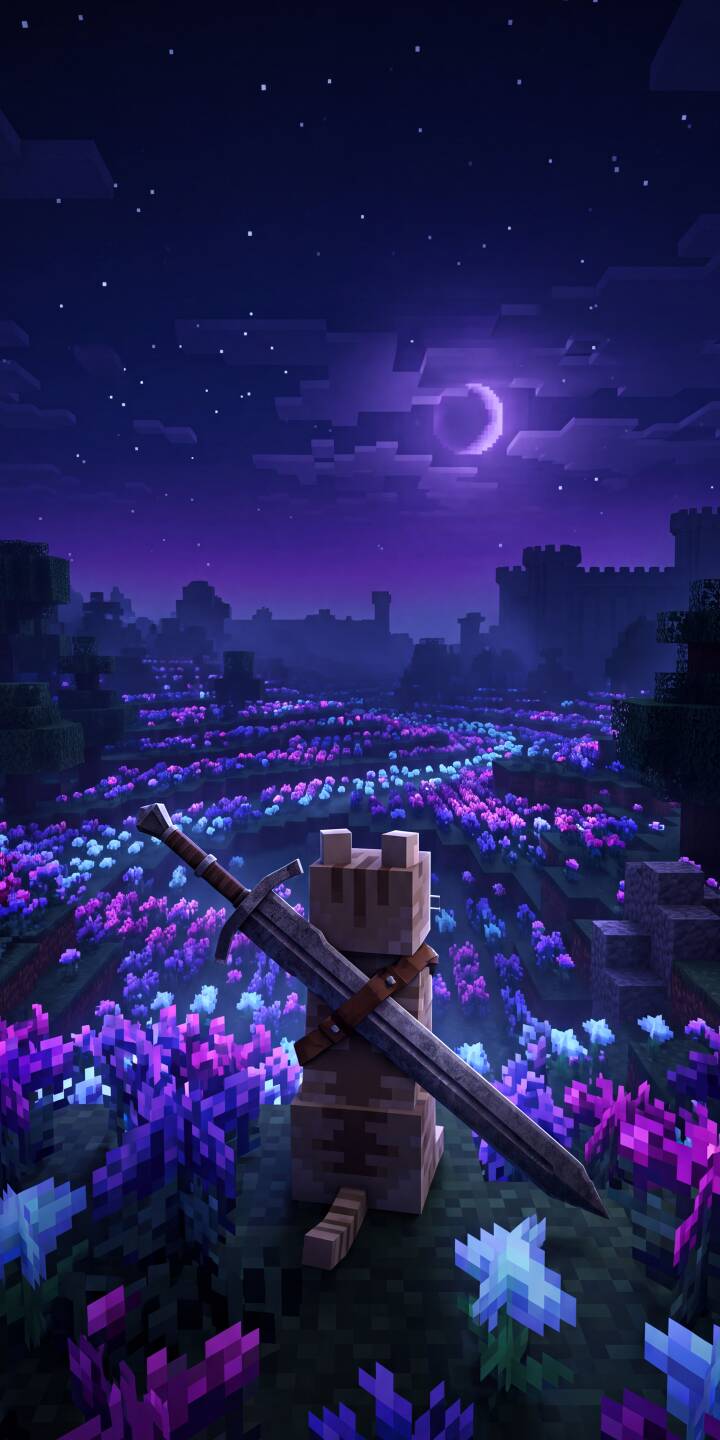 Glowing purple and blue flowers illuminate an enchanting field where a blocky cat stands beside a mighty sword under a starry night sky in this mesmerizing 4K wallpaper. This stunning Minecraft-style wallpaper is perfect for personalizing your iPhone. | aesthetic sword night sky minecraft iphone fantasy wallpaper mobile 4k wallpaper hd wallpaper minecraft cat glowing flowers Glowing purple and blue flowers illuminate an enchanting field where a blocky cat stands beside a mighty sword under a starry night sky in this mesmerizing 4K wallpaper. This stunning Minecraft-style wallpaper is perfect for personalizing your iPhone.