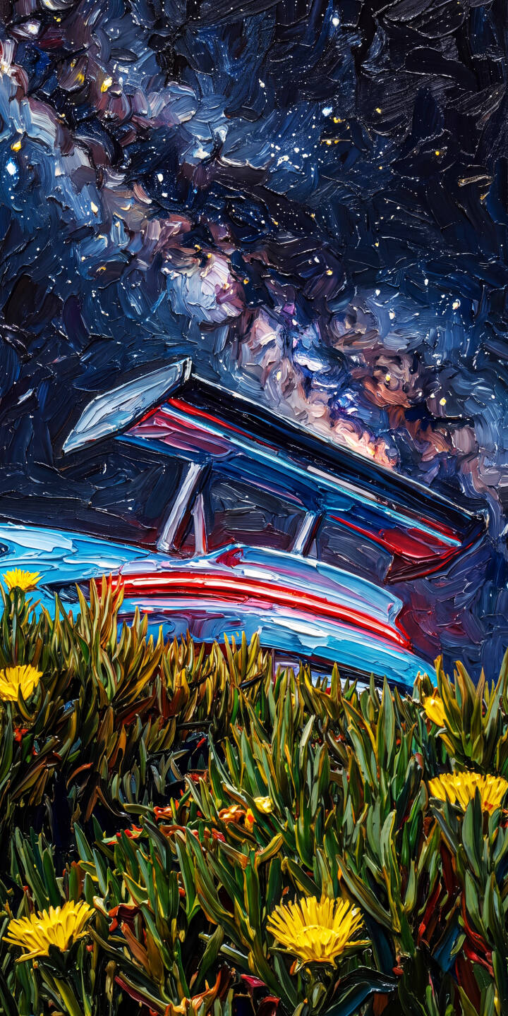 Thick impasto brushstrokes bring this dynamic scene to life, featuring the sleek rear of a sports car with a prominent spoiler peeking through green foliage and yellow flowers under a stunning, vibrant galaxy night sky in this 4K wallpaper ", " an eye-catching wallpaper for iPhone users. | sports car night sky painting iphone galaxy wallpaper mobile 4k wallpaper hd wallpaper textured yellow flowers impasto Thick impasto brushstrokes bring this dynamic scene to life, featuring the sleek rear of a sports car with a prominent spoiler peeking through green foliage and yellow flowers under a stunning, vibrant galaxy night sky in this 4K wallpaper ", " an eye-catching wallpaper for iPhone users.