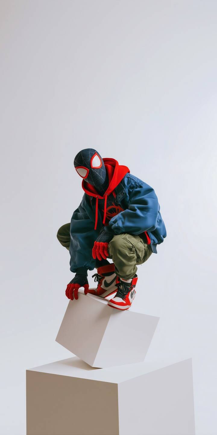 Miles Morales crouches on a stark white block, showcasing his iconic red hoodie and custom red-and-white sneakers in this stylish 4K wallpaper. This dynamic pose makes it a perfect wallpaper for iPhone users who love the unique Spider-Verse aesthetic. | aesthetic 4k marvel spiderman wallpaper Miles Morales crouches on a stark white block, showcasing his iconic red hoodie and custom red-and-white sneakers in this stylish 4K wallpaper. This dynamic pose makes it a perfect wallpaper for iPhone users who love the unique Spider-Verse aesthetic.