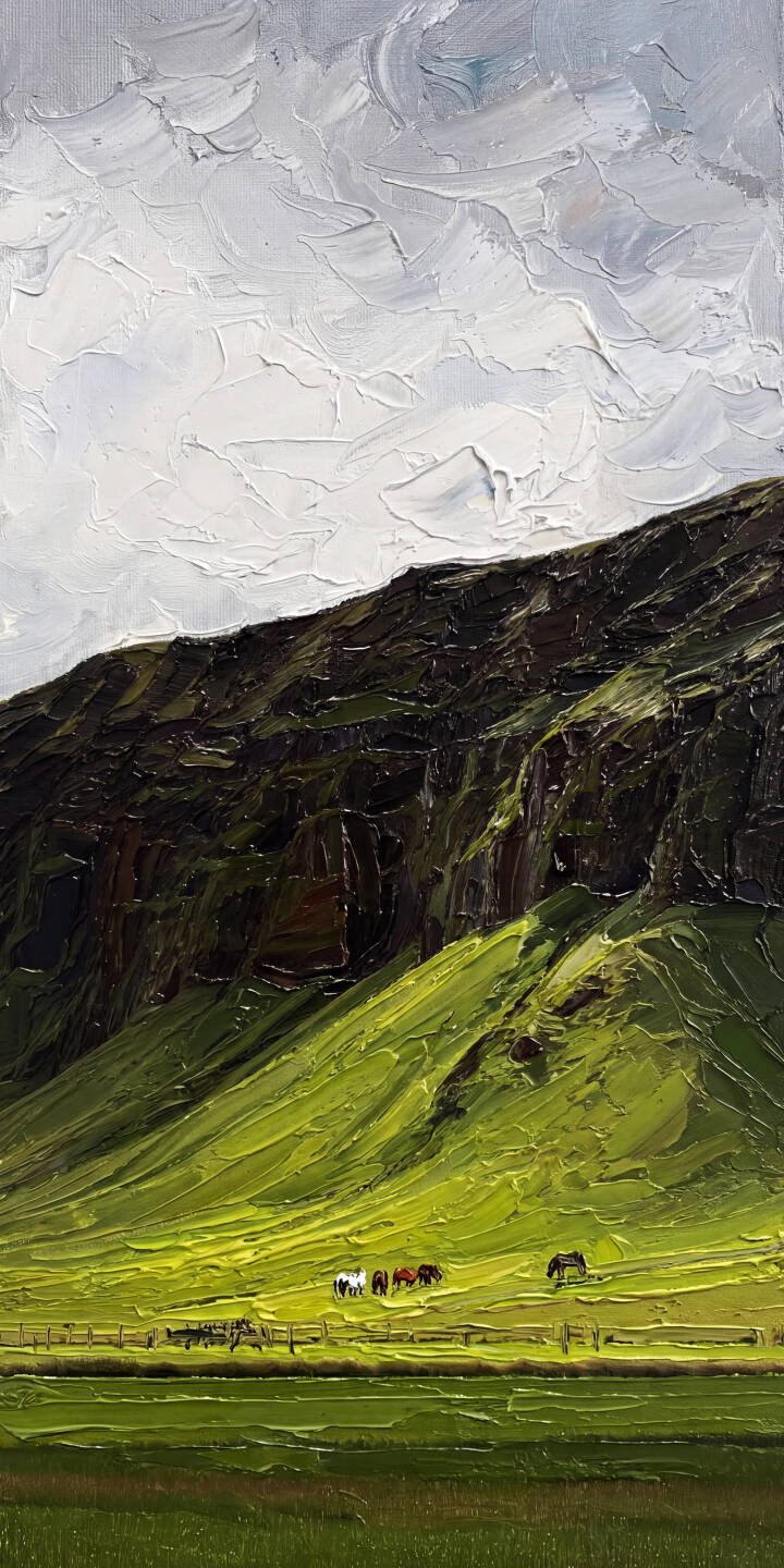 Heavy, textured brushstrokes sculpt a dramatic dark mountain contrasting with vibrant green pastures where wild horses graze in this exquisite 4K wallpaper — a truly artistic wallpaper perfect for your iPhone. | landscape green mountain painting iphone nature wallpaper mobile horses 4k wallpaper hd wallpaper impasto Heavy, textured brushstrokes sculpt a dramatic dark mountain contrasting with vibrant green pastures where wild horses graze in this exquisite 4K wallpaper — a truly artistic wallpaper perfect for your iPhone.