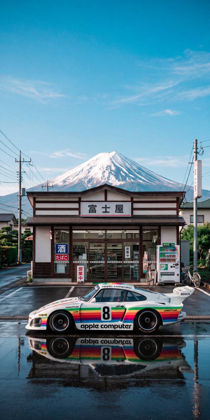 A vibrant retro Porsche 935 race car with rainbow Apple Computer livery shines on a wet Japanese street, perfectly reflected against the iconic backdrop of snowy Mount Fuji in this stunning 4K wallpaper. This dynamic car wallpaper makes an excellent choice for any iPhone lock screen. | race car iphone porsche japan wallpaper mobile 4k wallpaper hd wallpaper automotive mount fuji porsche 935 apple computer A vibrant retro Porsche 935 race car with rainbow Apple Computer livery shines on a wet Japanese street, perfectly reflected against the iconic backdrop of snowy Mount Fuji in this stunning 4K wallpaper. This dynamic car wallpaper makes an excellent choice for any iPhone lock screen.