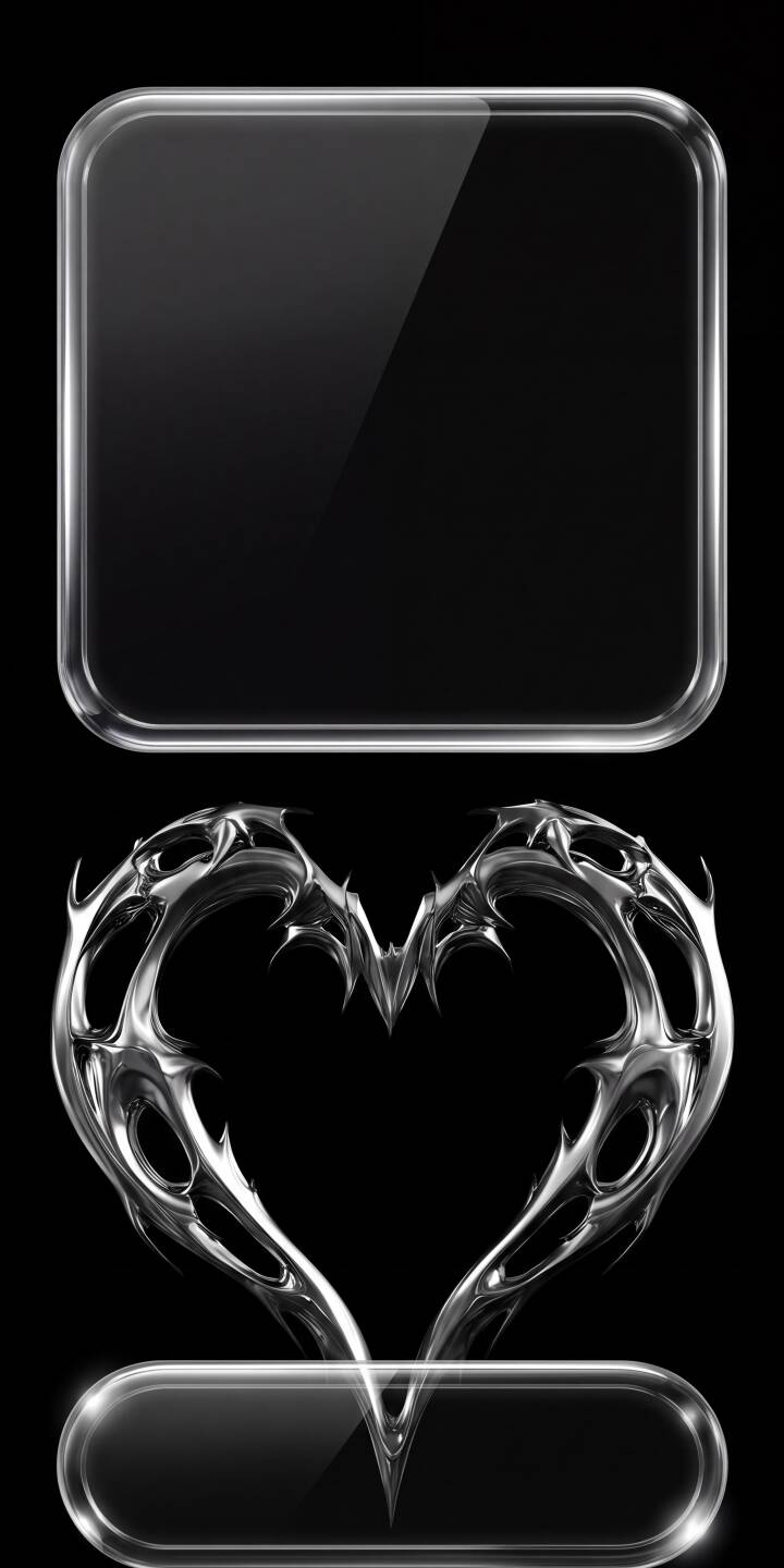 Shimmering chrome elements form a striking visual with a spiky, tribal-like heart centered above a smooth rectangular base, all framed by a glossy rounded square at the top. This 4K wallpaper, with its dark, reflective elegance, makes an exceptional aesthetic wallpaper for iPhone. | aesthetic dark heart chrome iphone abstract wallpaper mobile metallic 4k wallpaper hd wallpaper glossy Shimmering chrome elements form a striking visual with a spiky, tribal-like heart centered above a smooth rectangular base, all framed by a glossy rounded square at the top. This 4K wallpaper, with its dark, reflective elegance, makes an exceptional aesthetic wallpaper for iPhone.
