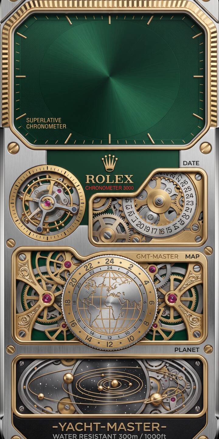Golden gears intricately interlock with vibrant rubies against a deep green dial in this stunning 4K mechanical Rolex wallpaper, displaying a captivating GMT-Master globe and celestial orbit, a perfect wallpaper for iPhone. | gold iphone wallpaper gears rolex mechanical mobile 4k wallpaper hd wallpaper luxury watch intricate steampunk Golden gears intricately interlock with vibrant rubies against a deep green dial in this stunning 4K mechanical Rolex wallpaper, displaying a captivating GMT-Master globe and celestial orbit, a perfect wallpaper for iPhone.