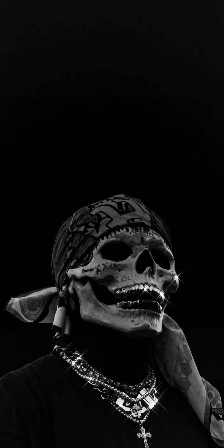 Glimmering grillz on a stylized skull immediately catch the eye in this striking 4K wallpaper, featuring a skull adorned with an intricate patterned bandana and multiple sparkling chains. This dark aesthetic wallpaper is a must-have for iPhone screens. | aesthetic dark skeleton skull iphone wallpaper bandana chains grillz mobile 4k wallpaper hd wallpaper Glimmering grillz on a stylized skull immediately catch the eye in this striking 4K wallpaper, featuring a skull adorned with an intricate patterned bandana and multiple sparkling chains. This dark aesthetic wallpaper is a must-have for iPhone screens.