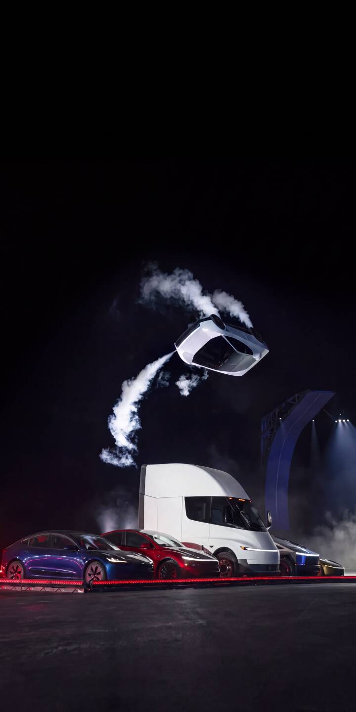 A dramatic plume of white vapor trails from a suspended object above the gleaming white Tesla Semi, showcased alongside the cutting-edge Cybertruck and other electric vehicles in this dynamic 4K wallpaper – an essential iPhone wallpaper for Tesla enthusiasts. | iphone wallpaper tesla futuristic cybertruck mobile event 4k wallpaper hd wallpaper electric vehicle tesla semi tesla roadster A dramatic plume of white vapor trails from a suspended object above the gleaming white Tesla Semi, showcased alongside the cutting-edge Cybertruck and other electric vehicles in this dynamic 4K wallpaper – an essential iPhone wallpaper for Tesla enthusiasts.