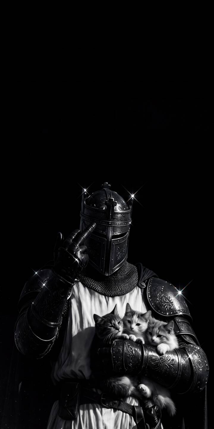 Three adorable kittens nestle safely in the armored grip of a medieval knight, who silences viewers with a finger to the visor in this striking 4K wallpaper, making it a perfectly unique wallpaper for any iPhone. | dark cat armor knight medieval cute iphone wallpaper mobile 4k wallpaper hd wallpaper kittens Three adorable kittens nestle safely in the armored grip of a medieval knight, who silences viewers with a finger to the visor in this striking 4K wallpaper, making it a perfectly unique wallpaper for any iPhone.