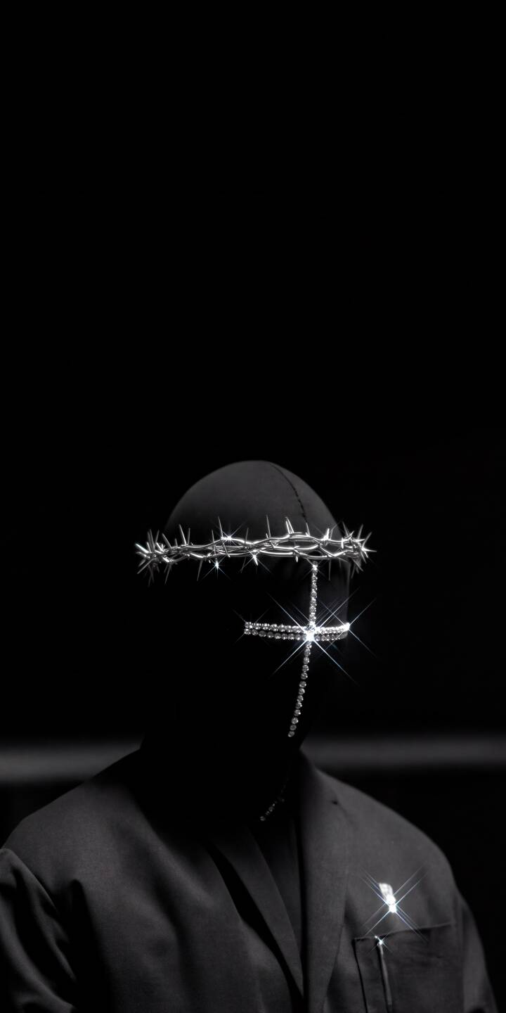 Glimmering with brilliant light, a diamond-studded cross mask and a thorny metal crown adorn Ye in this strikingly dark 4K wallpaper. This powerful and enigmatic iPhone wallpaper captures a distinct high-contrast aesthetic. | dark cross iphone donda minimalist wallpaper kanye west mobile 4k wallpaper hd wallpaper ye thorns Glimmering with brilliant light, a diamond-studded cross mask and a thorny metal crown adorn Ye in this strikingly dark 4K wallpaper. This powerful and enigmatic iPhone wallpaper captures a distinct high-contrast aesthetic.