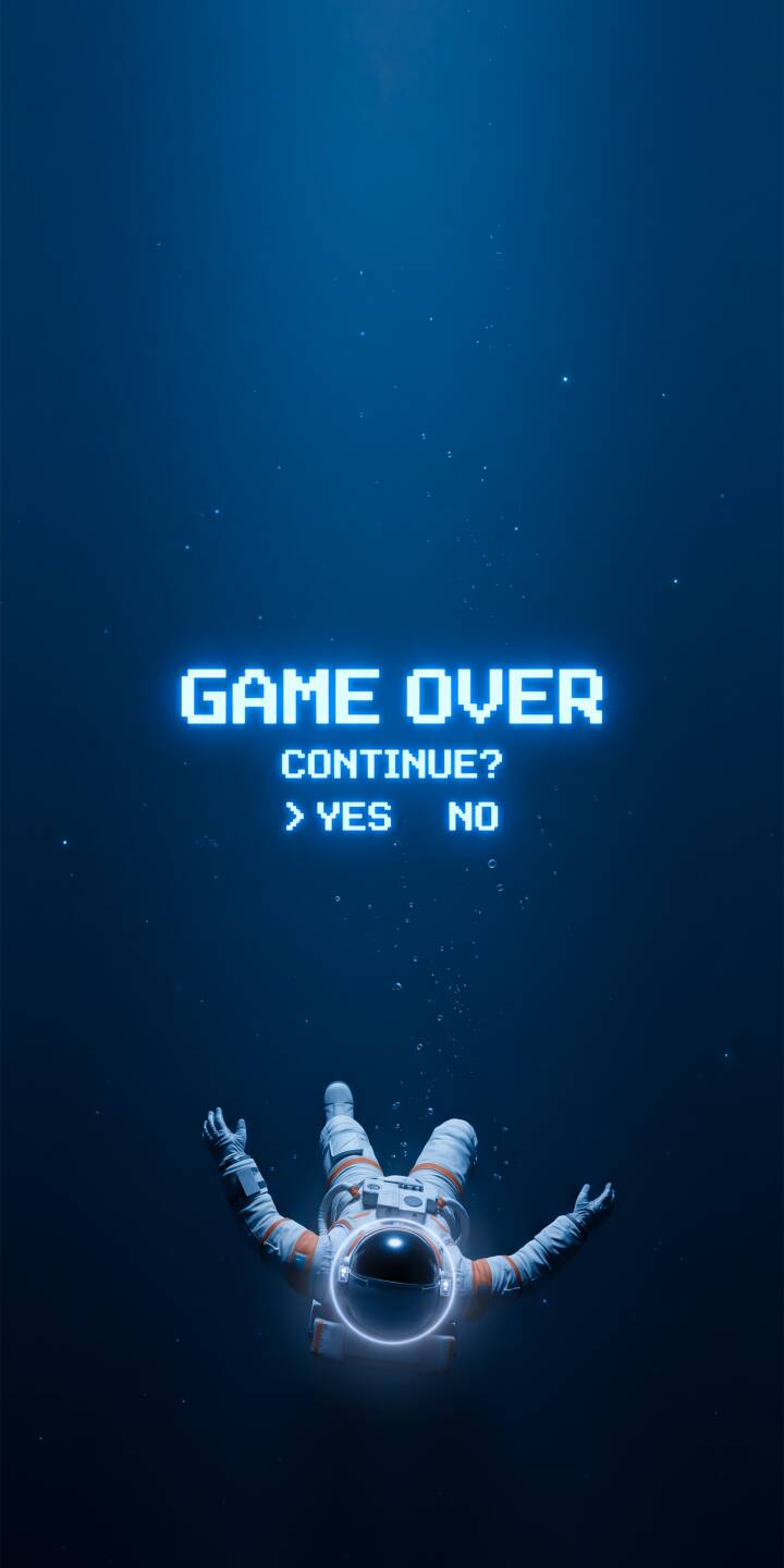 The glowing 'GAME OVER' message, rendered in retro pixel art, hovers above a lone astronaut drifting through a mysterious deep blue void in this striking 4K wallpaper. This thought-provoking sci-fi wallpaper is perfect for your iPhone. | aesthetic astronaut iphone retro wallpaper mobile pixel art 4k wallpaper hd wallpaper spaceman sci-fi game over The glowing 'GAME OVER' message, rendered in retro pixel art, hovers above a lone astronaut drifting through a mysterious deep blue void in this striking 4K wallpaper. This thought-provoking sci-fi wallpaper is perfect for your iPhone.