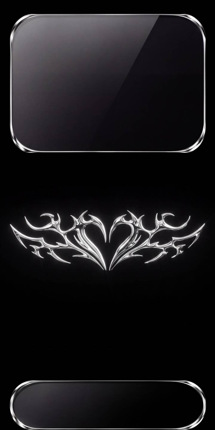 A glowing silver tribal heart design takes center stage against a pure black background in this sleek 4K wallpaper, featuring intricate metallic details and subtle reflections. This striking wallpaper, framed by minimalist chrome rectangles, offers an edgy aesthetic perfect for your iPhone. | aesthetic dark chrome iphone abstract wallpaper mobile metallic 4k wallpaper hd wallpaper tribal heart silver heart A glowing silver tribal heart design takes center stage against a pure black background in this sleek 4K wallpaper, featuring intricate metallic details and subtle reflections. This striking wallpaper, framed by minimalist chrome rectangles, offers an edgy aesthetic perfect for your iPhone.