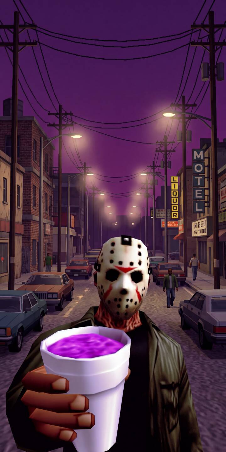 The iconic blood-splattered Jason Voorhees mask peers out from a vibrant purple-lit city street, while a hand extends a cup of mysterious purple liquid in this striking 4K wallpaper. This atmospheric scene makes for an edgy and unique wallpaper for your iPhone. | iphone wallpaper horror mobile 4k wallpaper hd wallpaper dark aesthetic stylized urban street jason voorhees hockey mask purple drank The iconic blood-splattered Jason Voorhees mask peers out from a vibrant purple-lit city street, while a hand extends a cup of mysterious purple liquid in this striking 4K wallpaper. This atmospheric scene makes for an edgy and unique wallpaper for your iPhone.