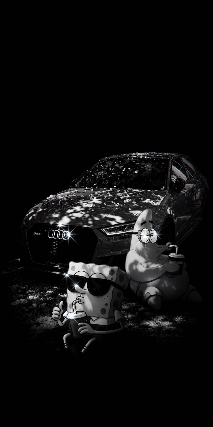 Cool Spongebob and Patrick, sporting stylish sunglasses and drinks, pose casually in front of a gleaming Audi in this epic black and white 4K wallpaper; it's a fantastic mobile wallpaper for iPhone that captures a laid-back vibe. | cartoon spongebob sunglasses patrick iphone audi wallpaper black and white cool mobile 4k wallpaper hd wallpaper Cool Spongebob and Patrick, sporting stylish sunglasses and drinks, pose casually in front of a gleaming Audi in this epic black and white 4K wallpaper; it's a fantastic mobile wallpaper for iPhone that captures a laid-back vibe.
